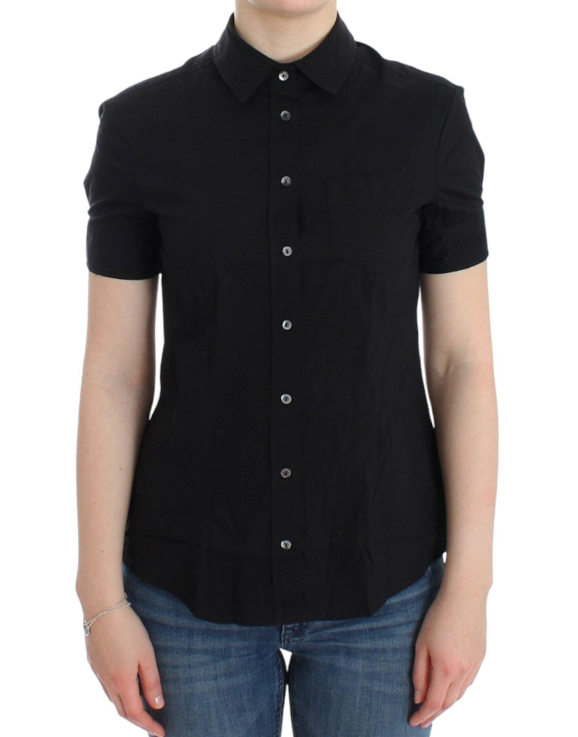 John Galliano Elegant Black Cotton Stretch Shortsleeve Blouse - Arichezz.store