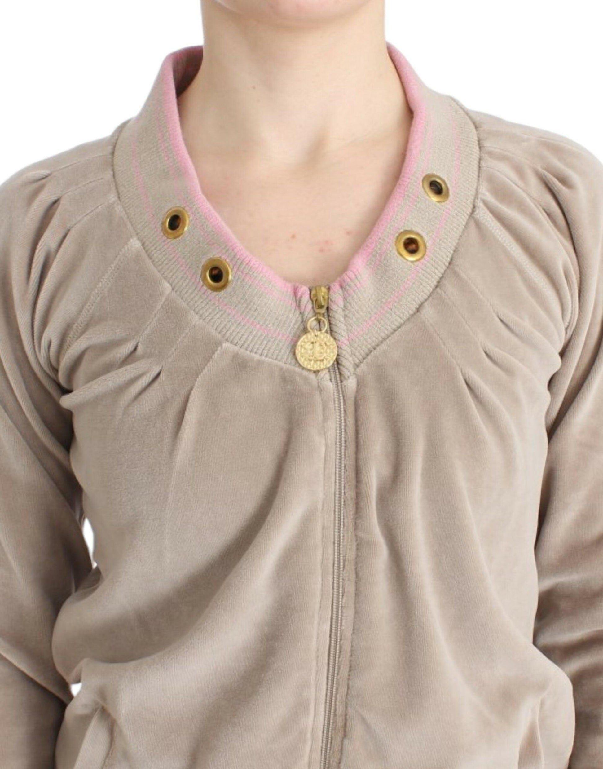 Cavalli Beige Zip Cardigan with Gold Tone Accents - Arichezz.store