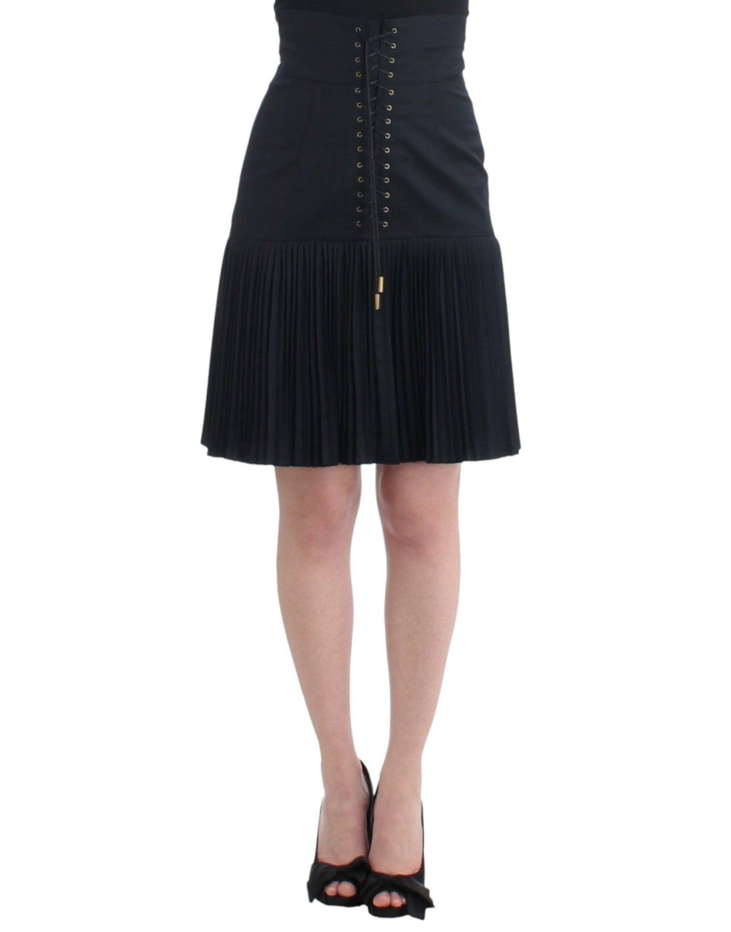 Cavalli Elegant Black Pleated Lace A-Line Skirt - Arichezz.store