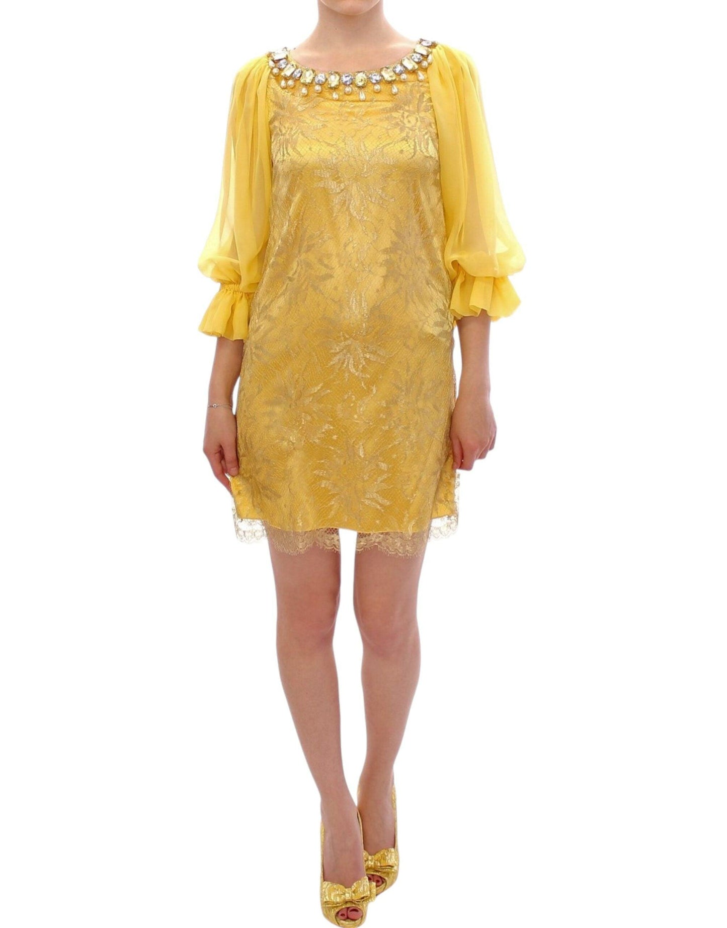 Dolce & Gabbana Yellow Lace Crystal Embellished Mini Dress - Arichezz.store