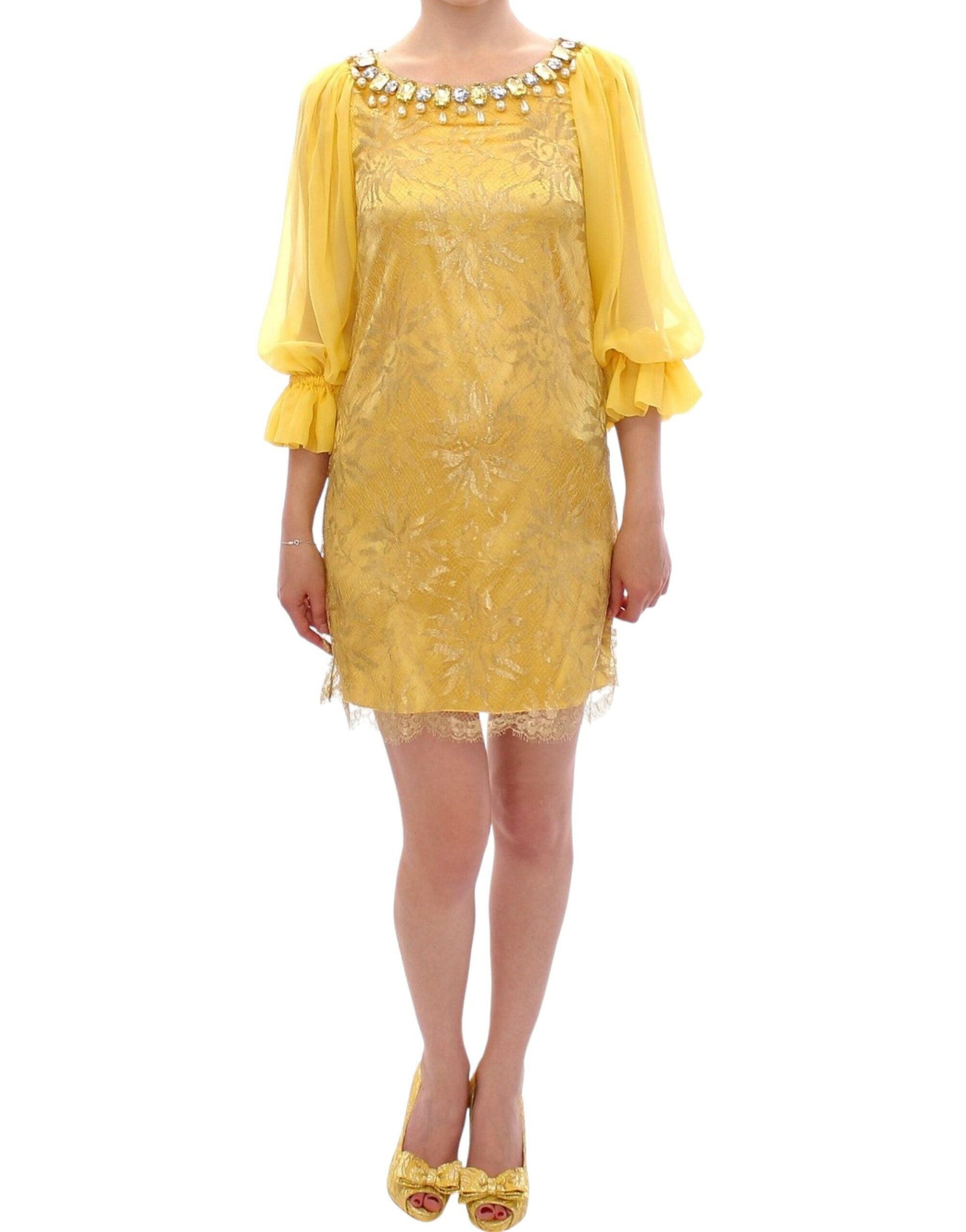 Dolce & Gabbana Yellow Lace Crystal Embellished Mini Dress - Arichezz.store