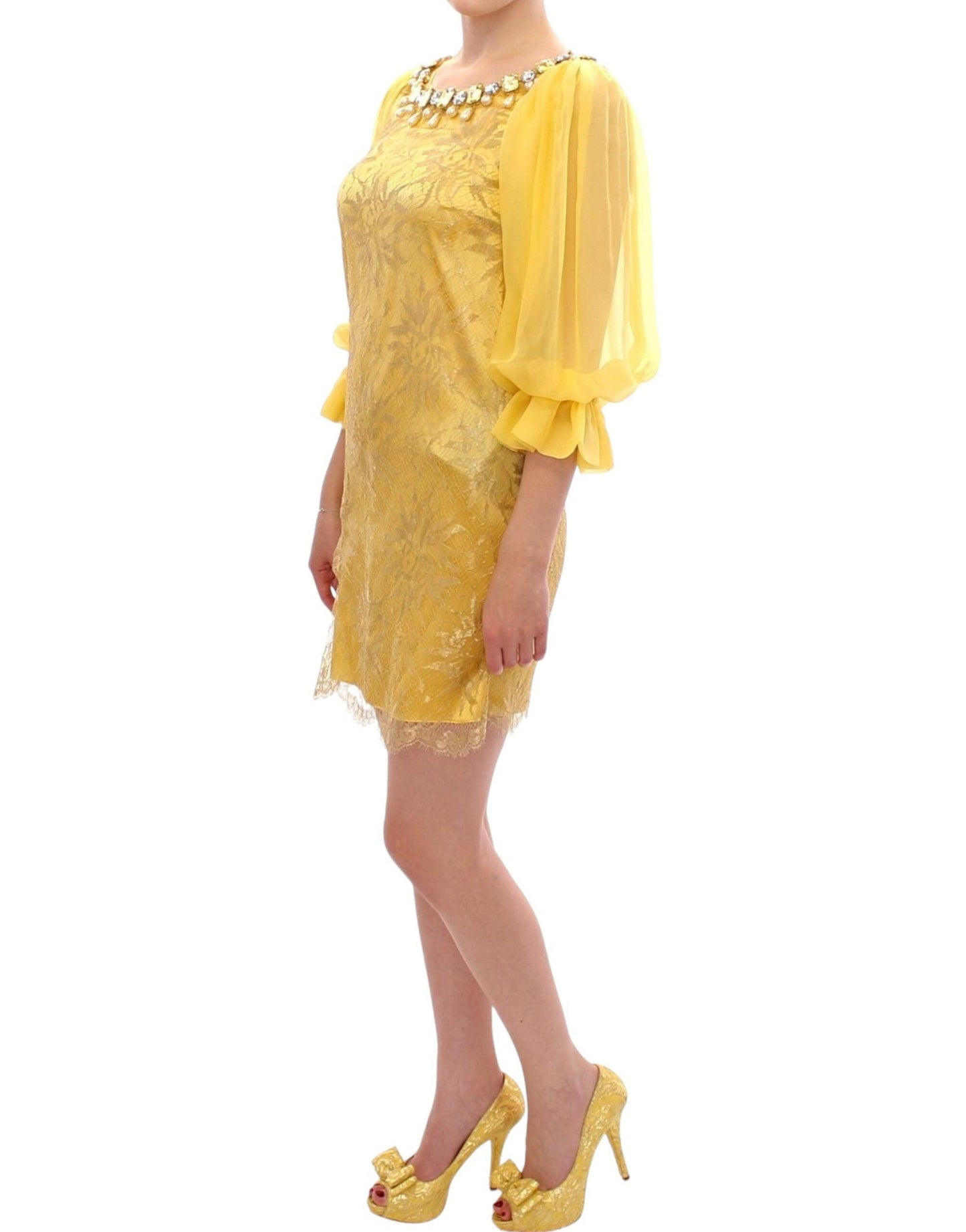 Dolce & Gabbana Yellow Lace Crystal Embellished Mini Dress - Arichezz.store