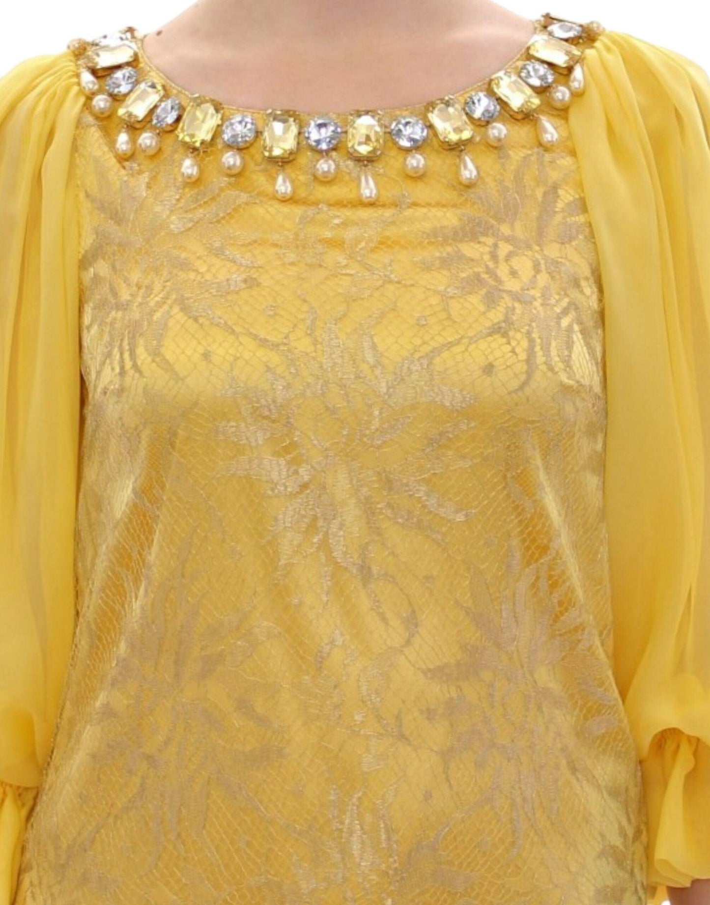 Dolce & Gabbana Yellow Lace Crystal Embellished Mini Dress - Arichezz.store