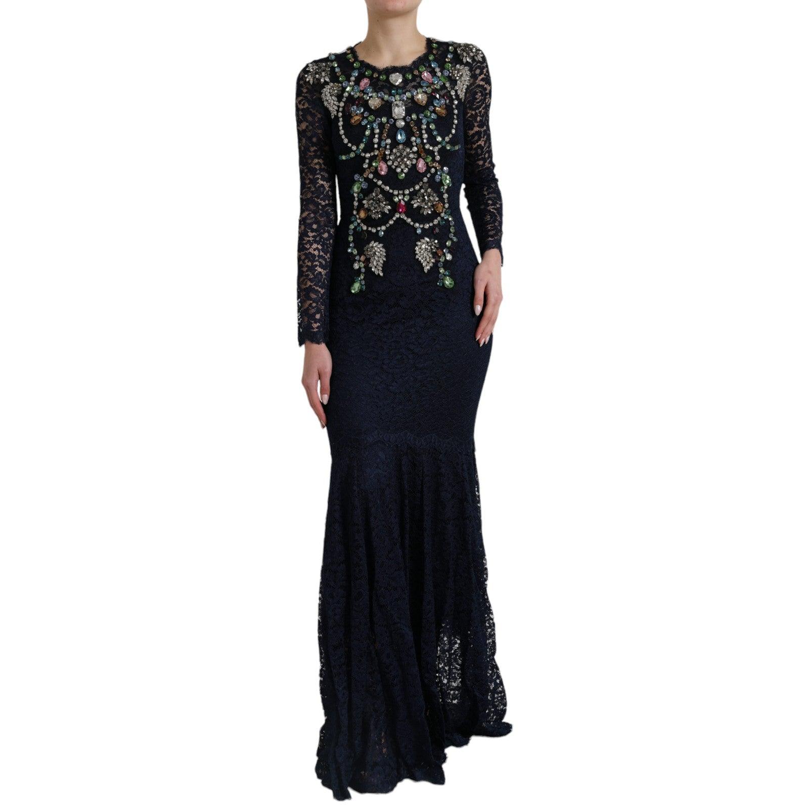 Dolce & Gabbana Crystal Embellished Navy Blue Flare Dress - Arichezz.store