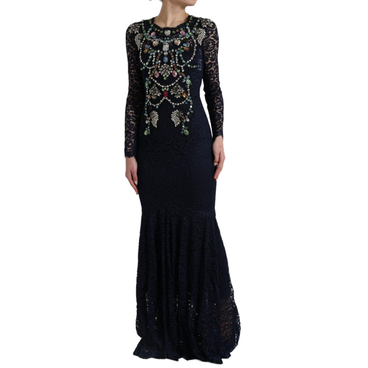 Dolce & Gabbana Crystal Embellished Navy Blue Flare Dress - Arichezz.store