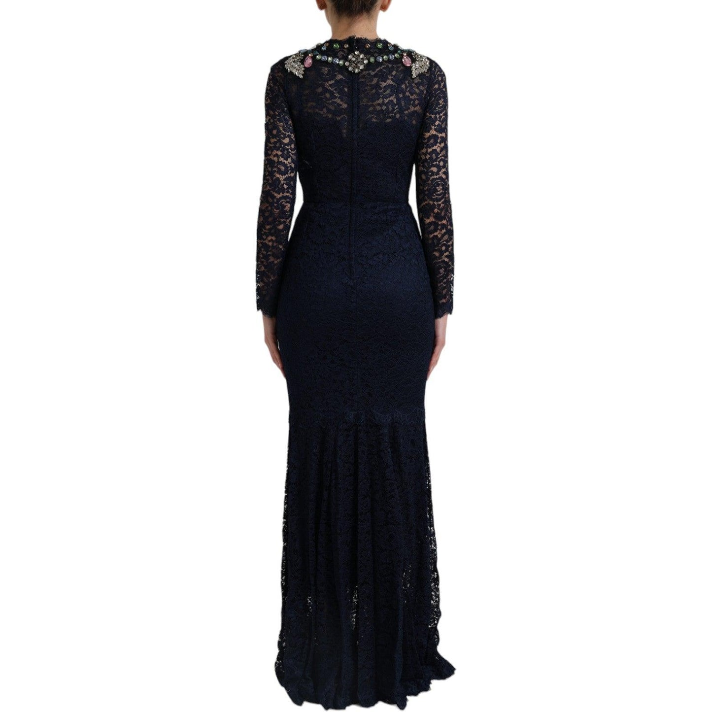 Dolce & Gabbana Crystal Embellished Navy Blue Flare Dress - Arichezz.store