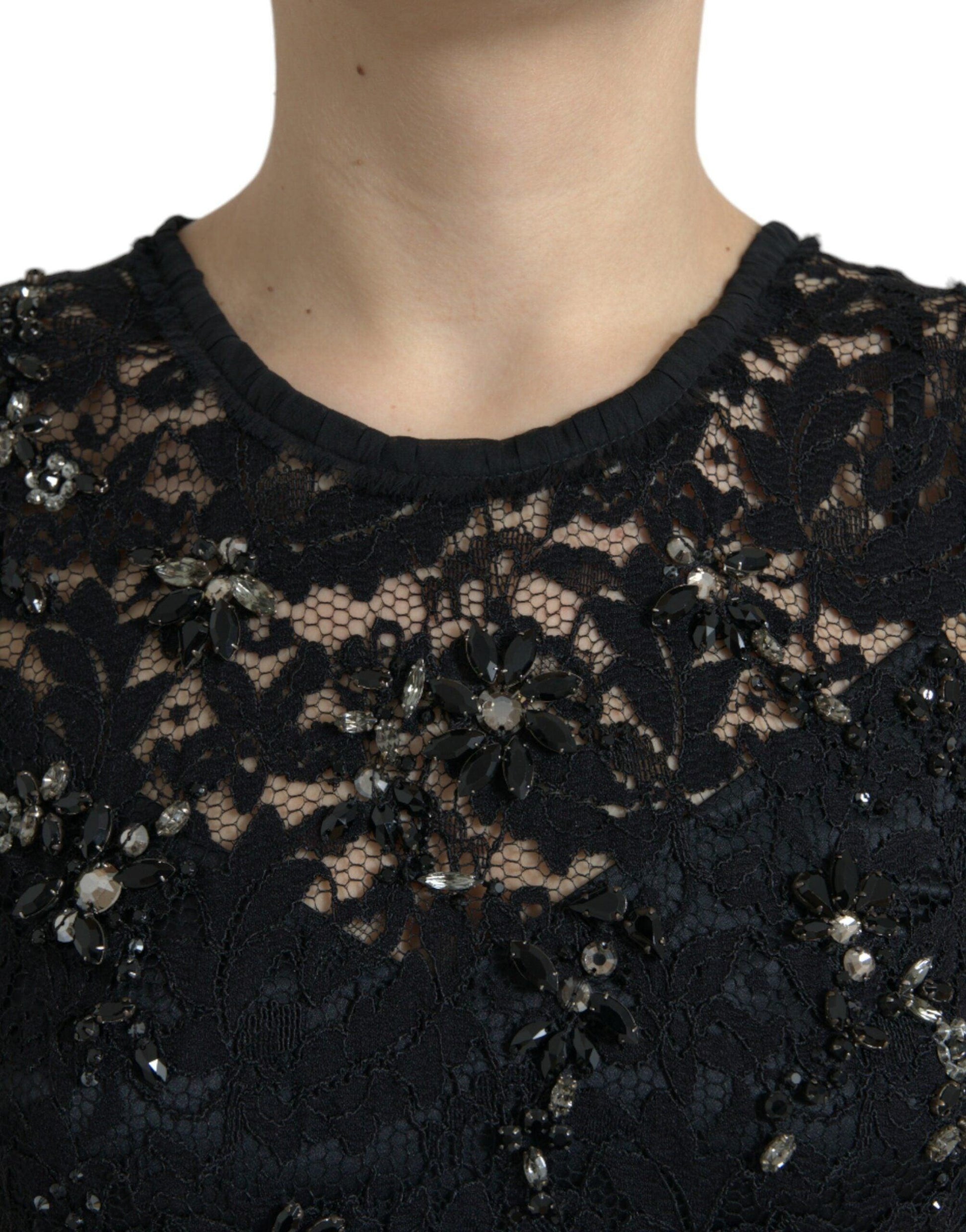 Dolce & Gabbana Exquisite Black Floral Lace Crystal Sheath Dress - Arichezz.store