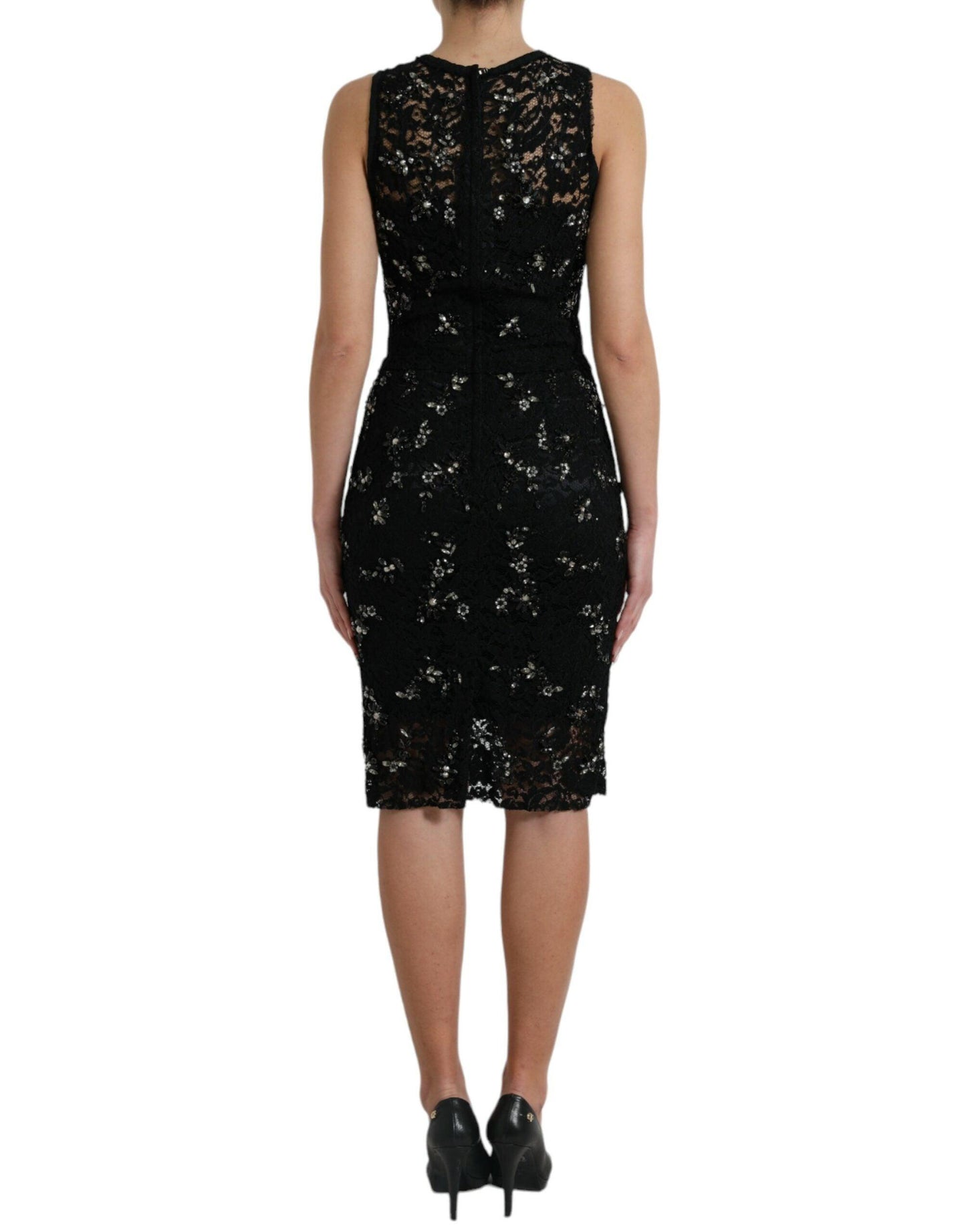 Dolce & Gabbana Exquisite Black Floral Lace Crystal Sheath Dress - Arichezz.store