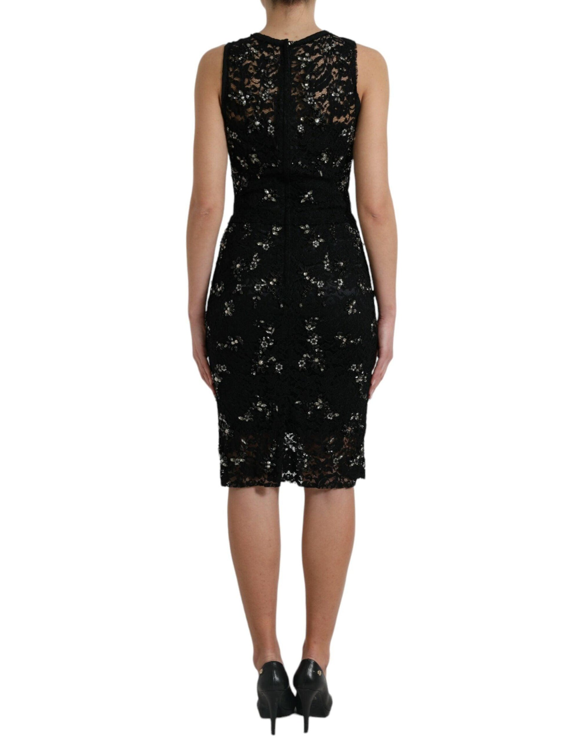 Dolce & Gabbana Exquisite Black Floral Lace Crystal Sheath Dress - Arichezz.store