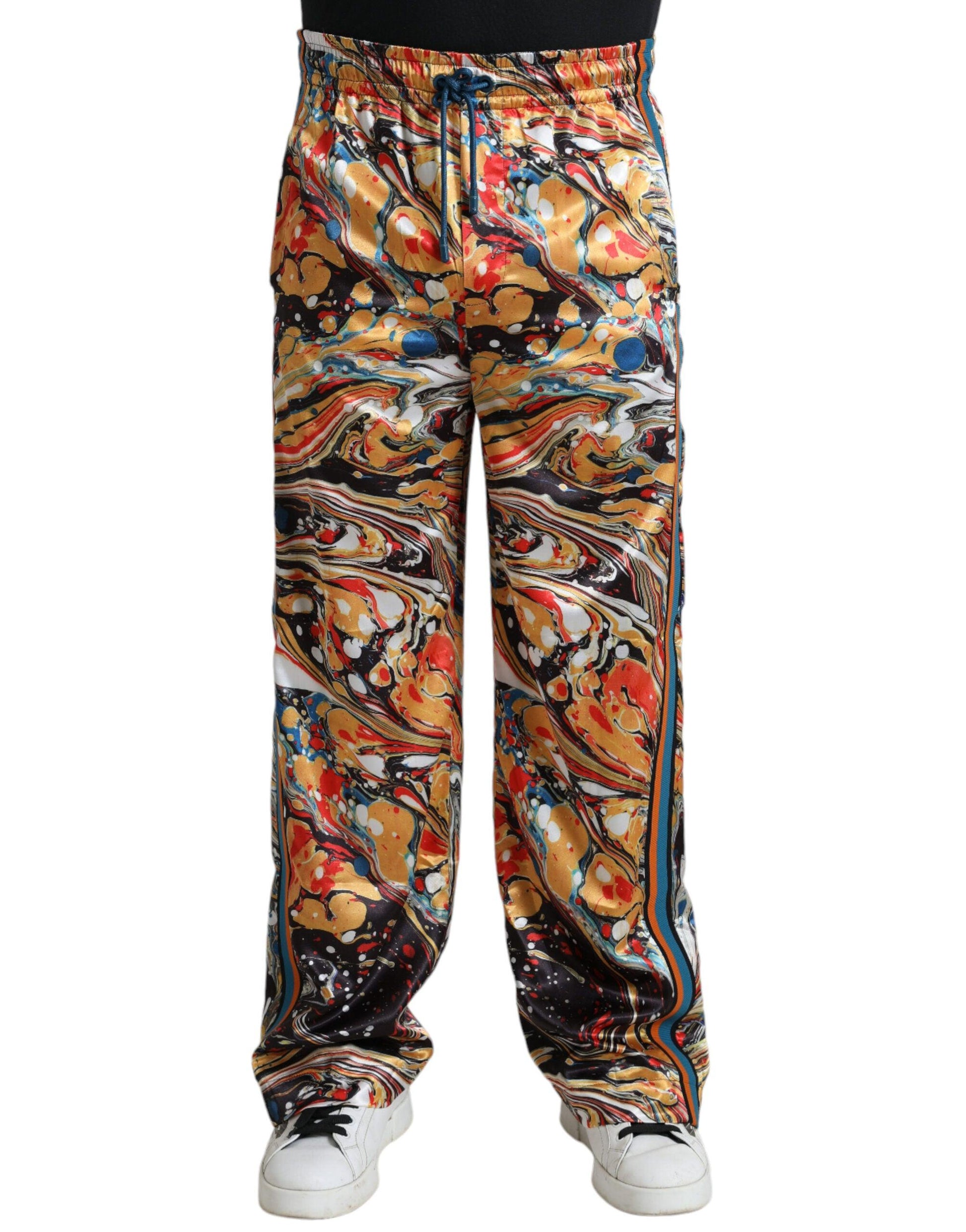 Dolce & Gabbana Elegant Satin Track Pants in Multicolor Marble - Arichezz.store