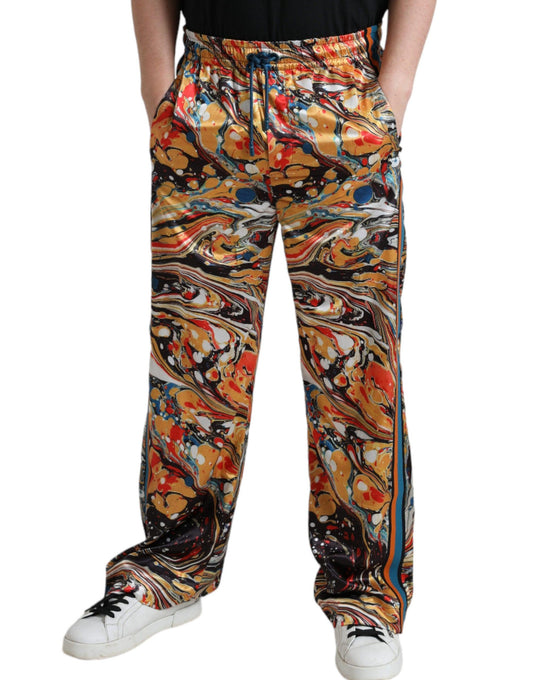 Dolce & Gabbana Elegant Satin Track Pants in Multicolor Marble - Arichezz.store