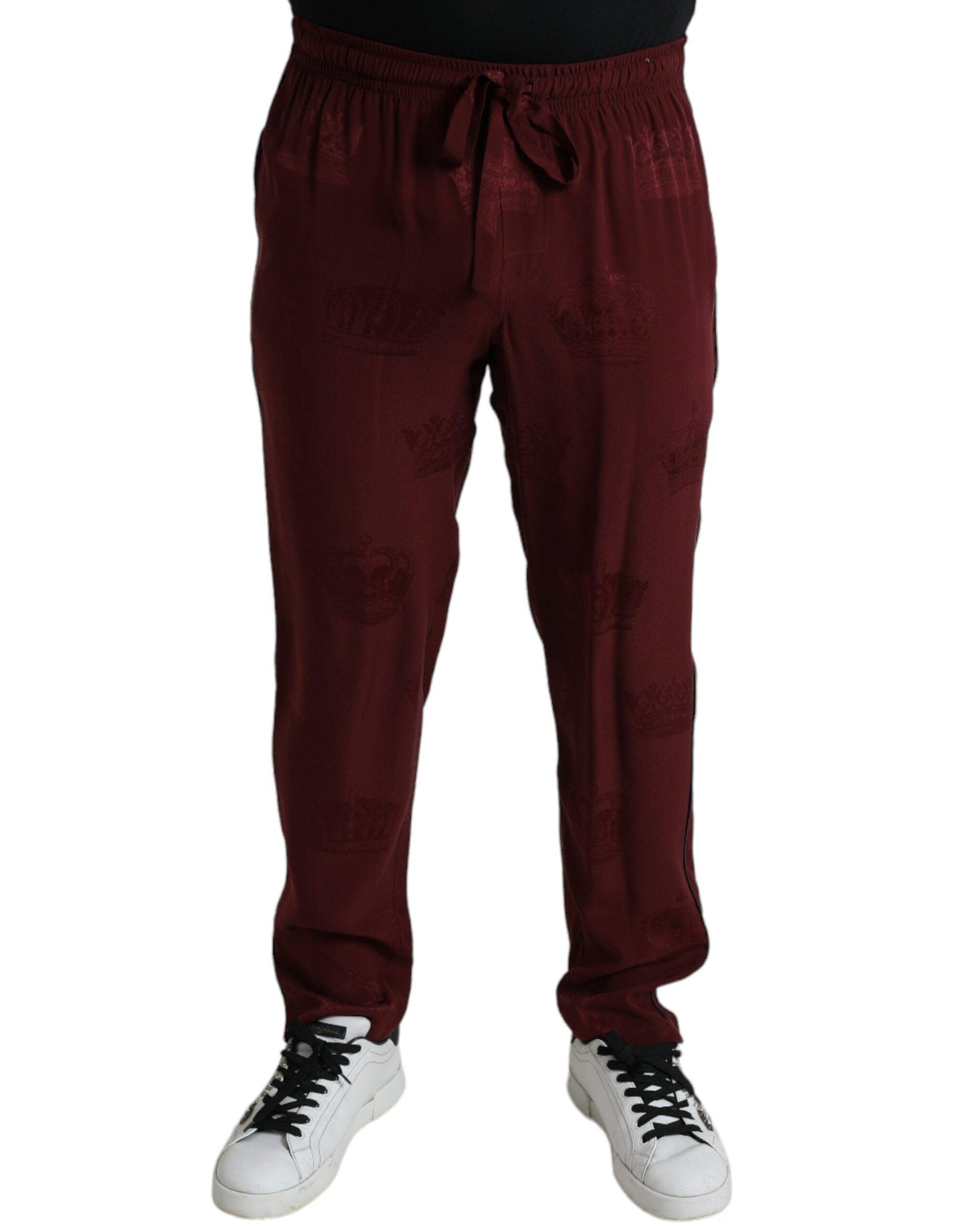 Dolce & Gabbana Elegant Maroon Silk Pajama Pants with Crown Motif - Arichezz.store