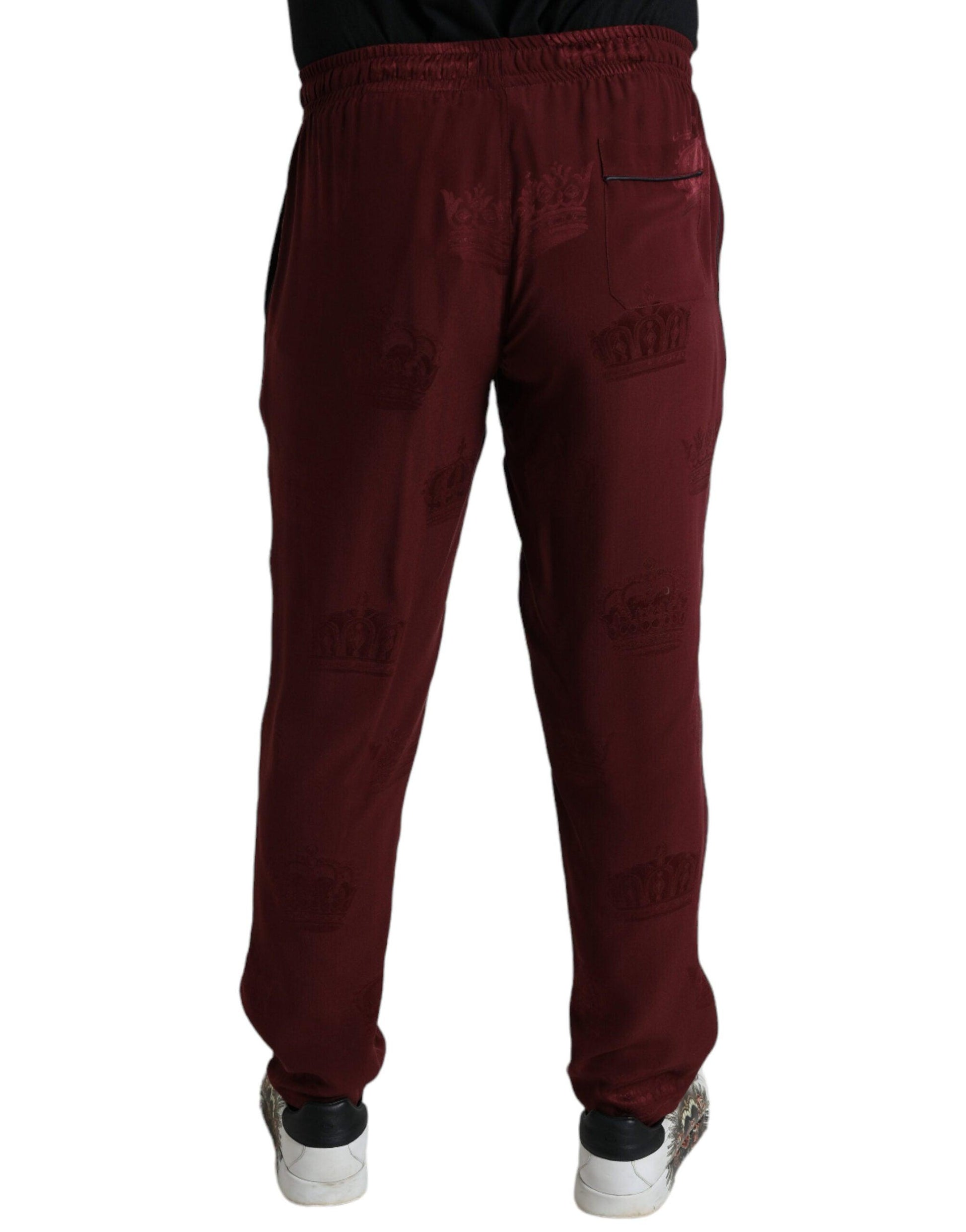 Dolce & Gabbana Elegant Maroon Silk Pajama Pants with Crown Motif - Arichezz.store