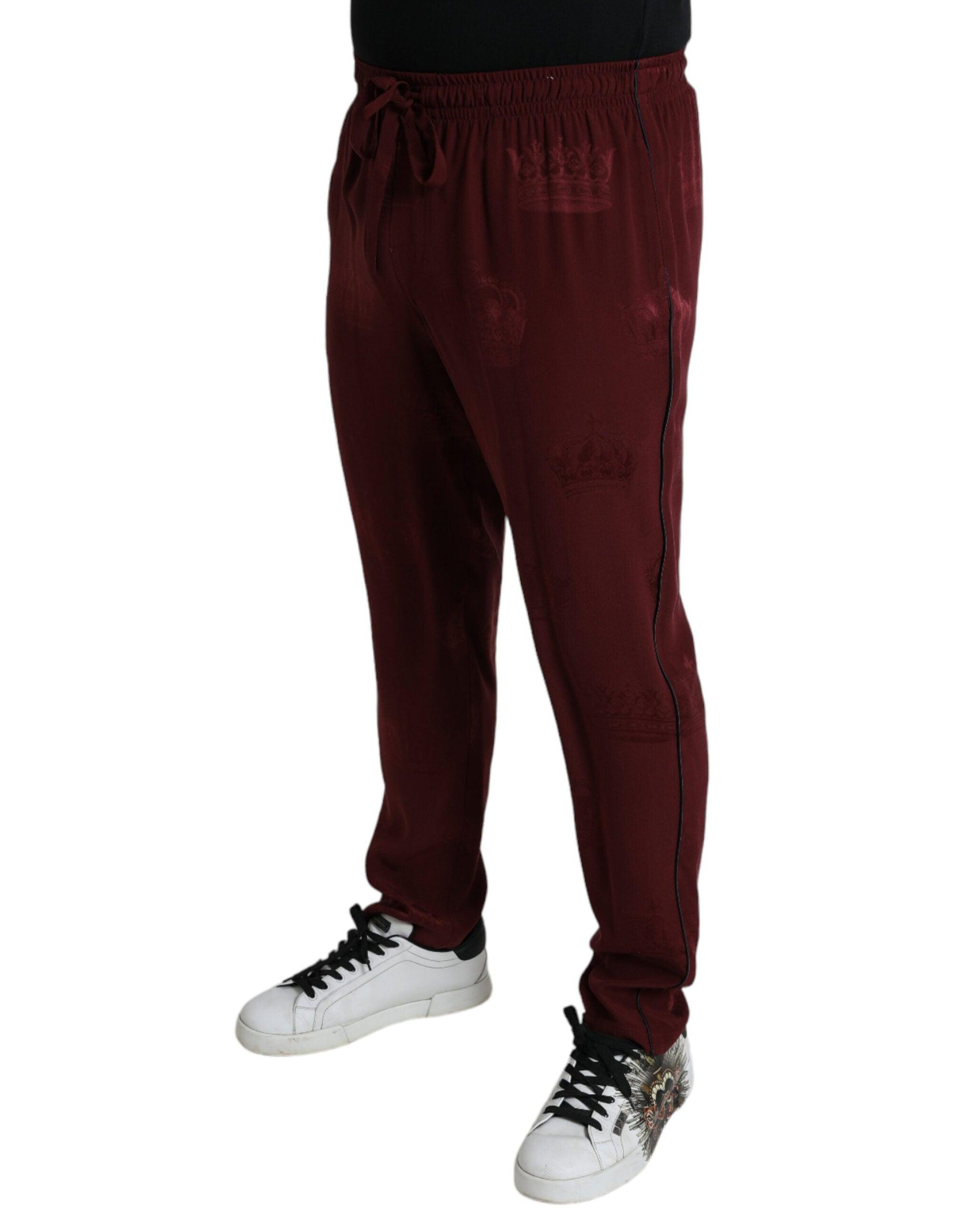 Dolce & Gabbana Elegant Maroon Silk Pajama Pants with Crown Motif - Arichezz.store