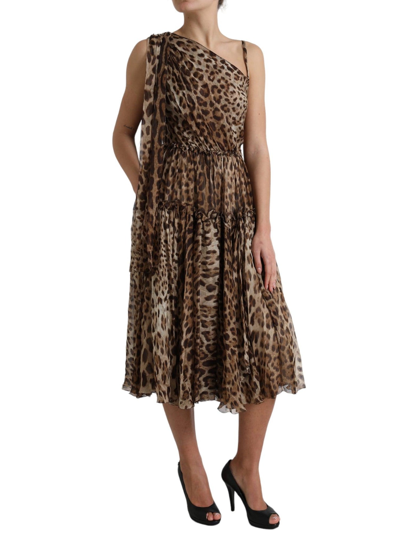 Dolce & Gabbana Elegant One-Shoulder Leopard Midi Dress - Arichezz.store