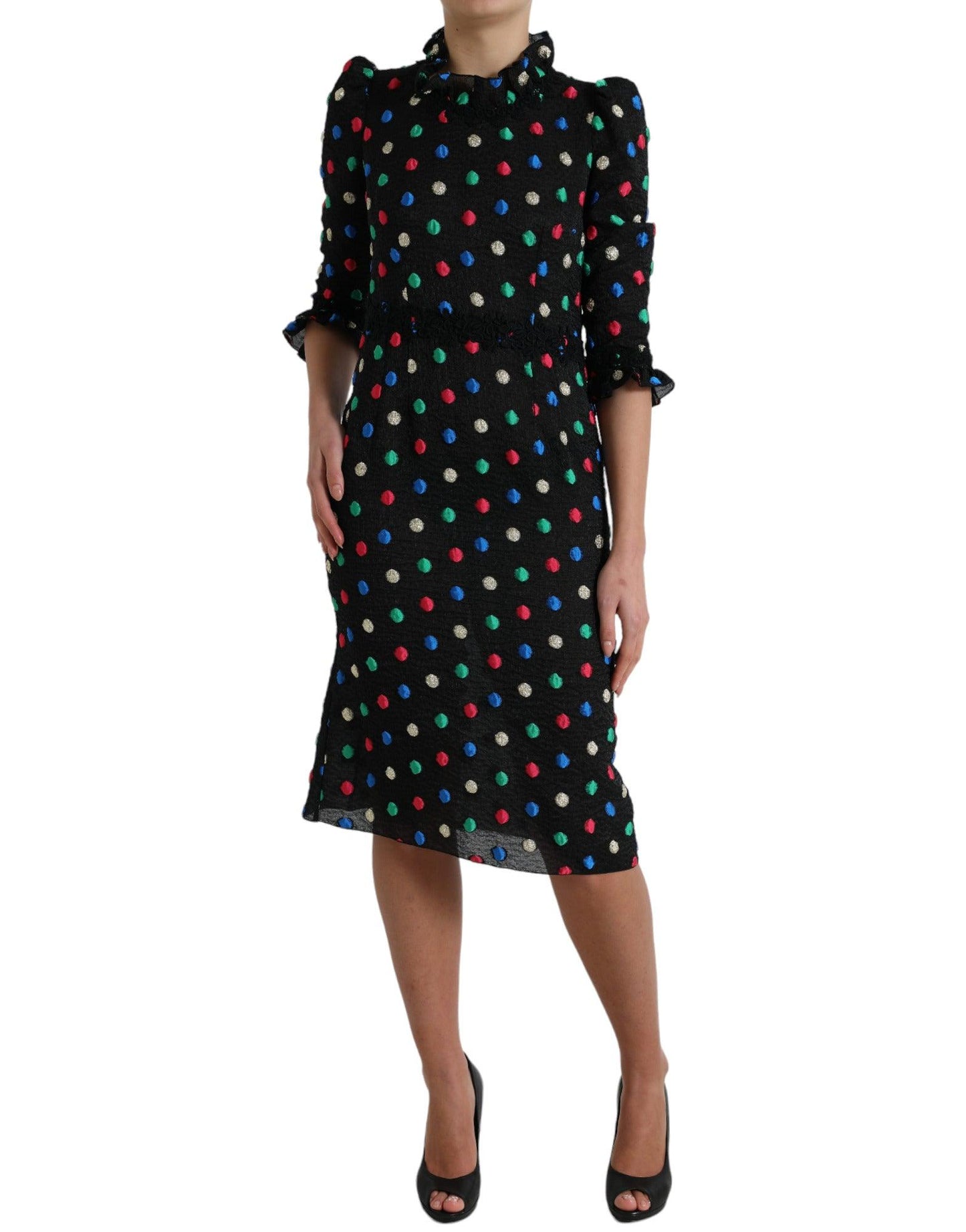 Dolce & Gabbana Elegant High Neck Polka Dot Midi Dress - Arichezz.store