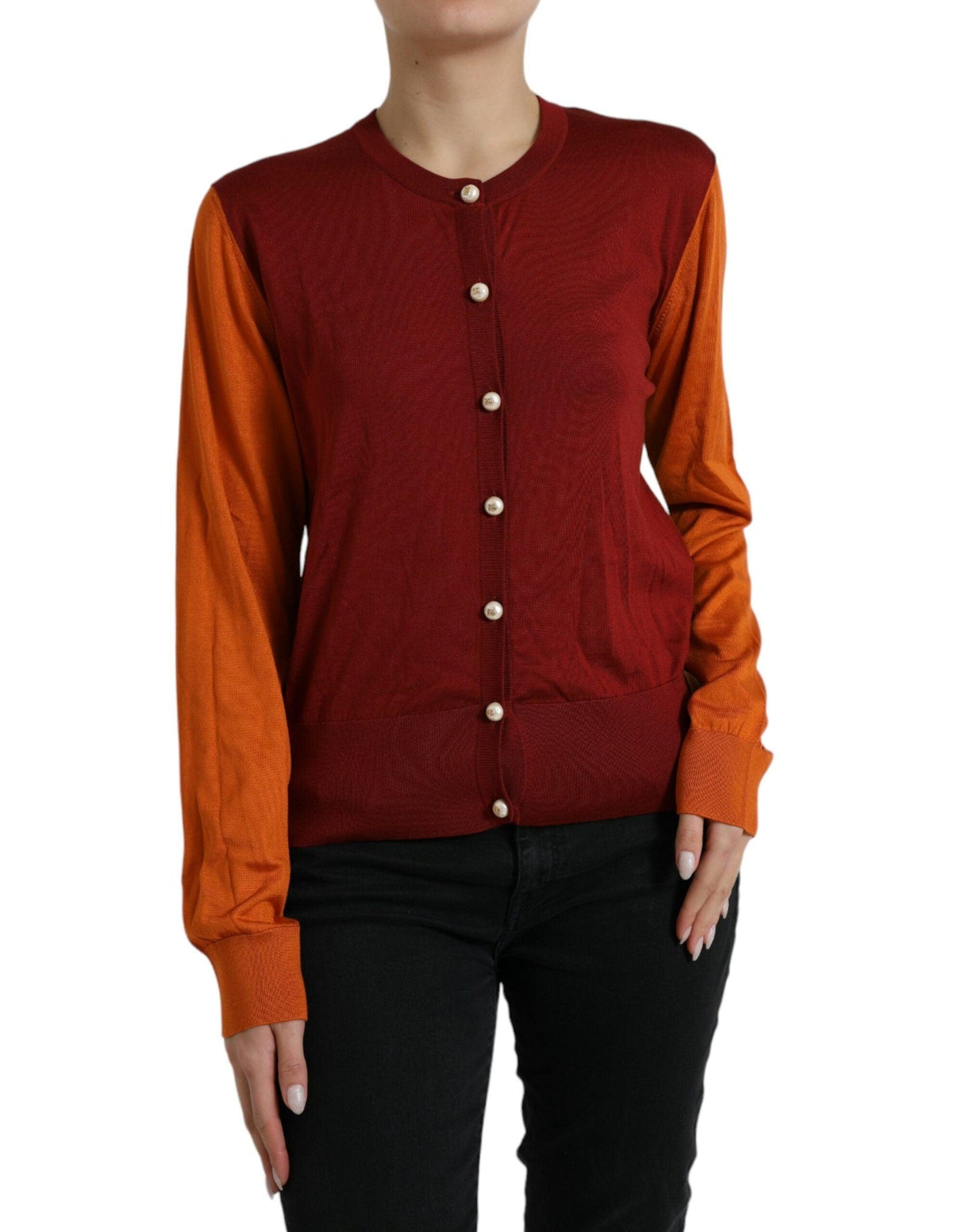 Dolce & Gabbana Silk Button Front Cardigan in Maroon Mix - Arichezz.store