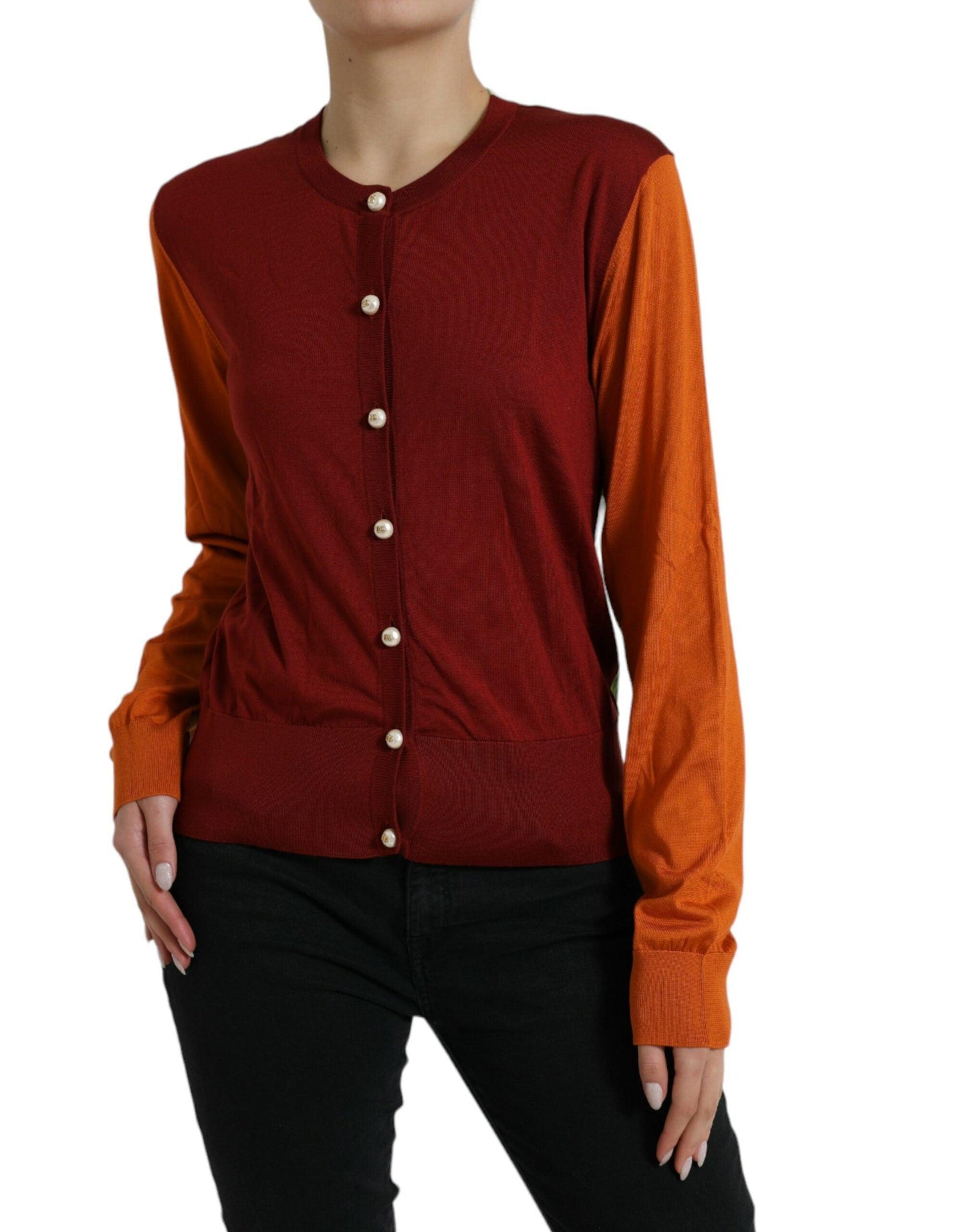 Dolce & Gabbana Silk Button Front Cardigan in Maroon Mix - Arichezz.store