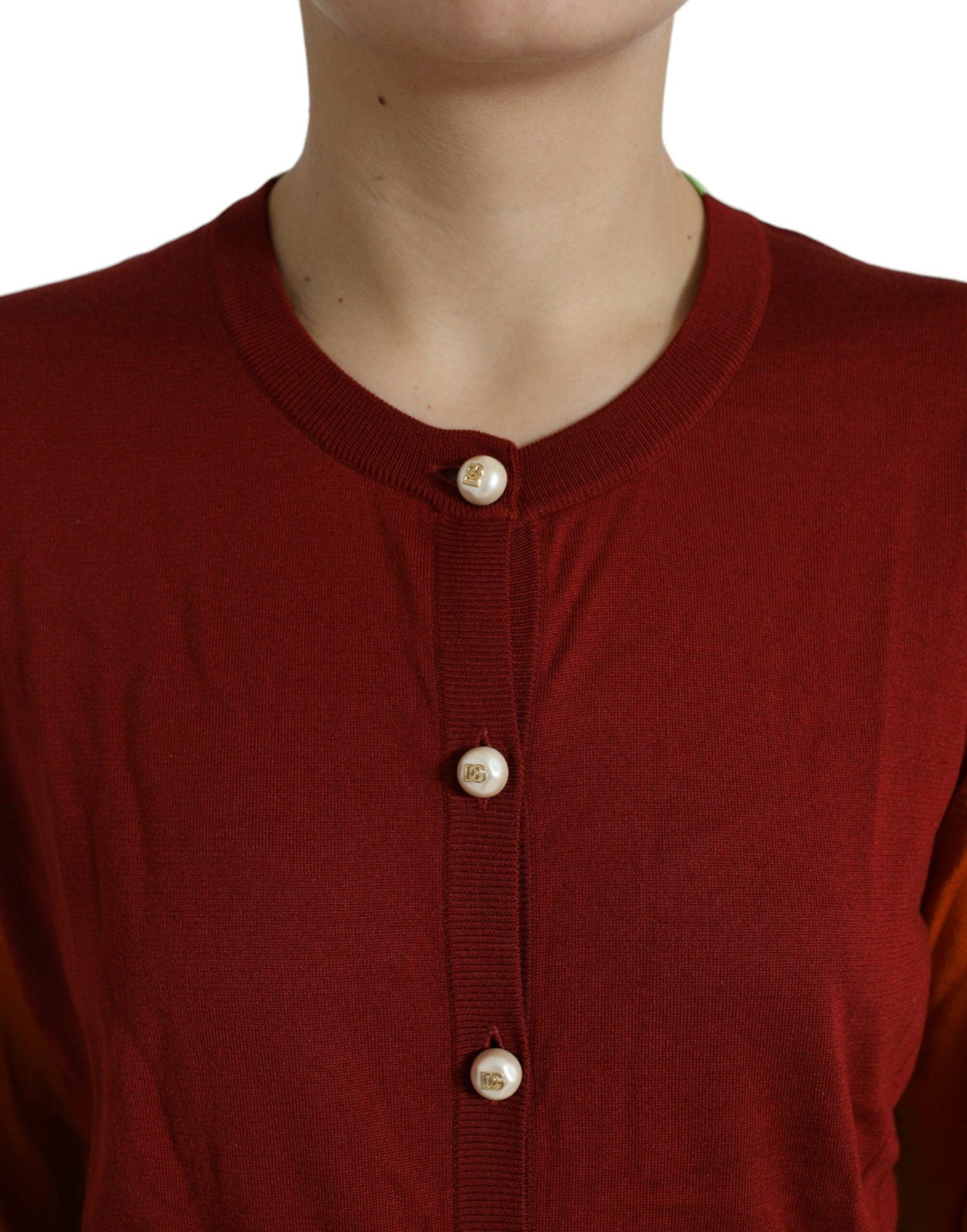 Dolce & Gabbana Silk Button Front Cardigan in Maroon Mix - Arichezz.store