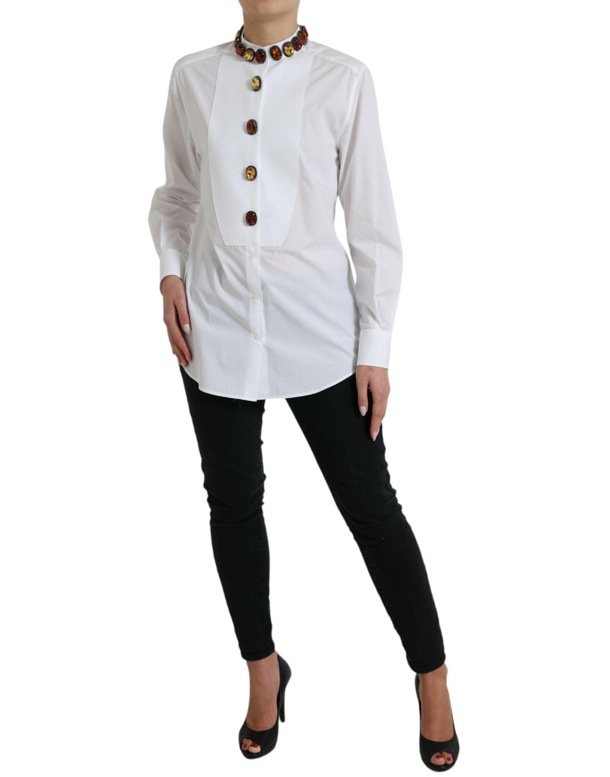 Dolce & Gabbana Elegant Crystal-Embellished White Cotton Top - Arichezz.store