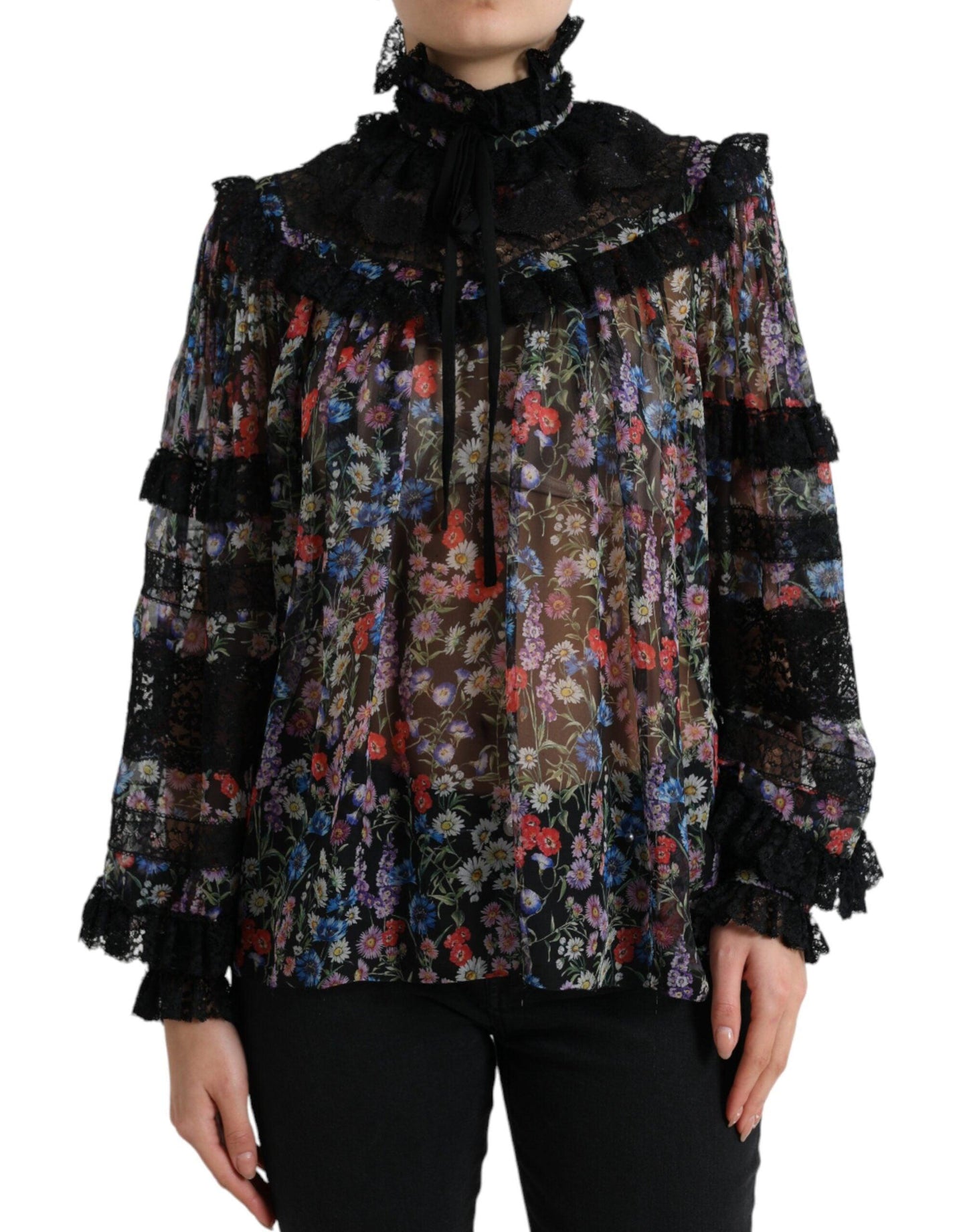 Dolce & Gabbana Elegant Floral Silk Blouse with Lace Trim - Arichezz.store