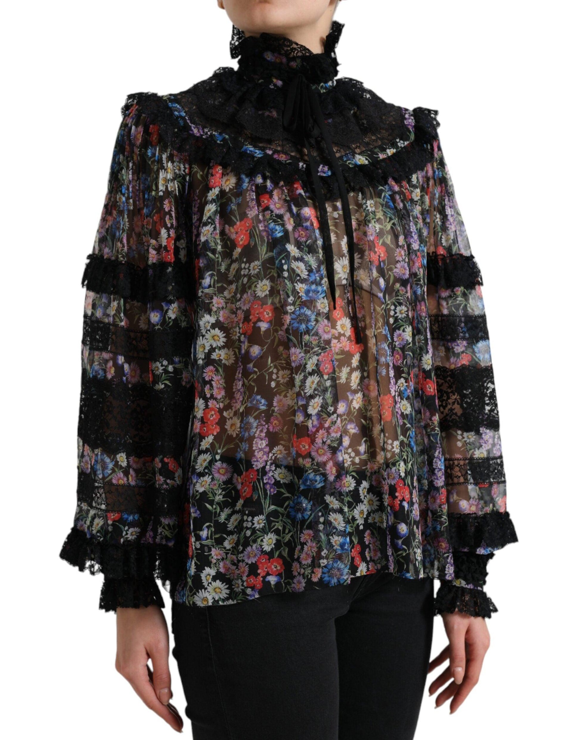 Dolce & Gabbana Elegant Floral Silk Blouse with Lace Trim - Arichezz.store