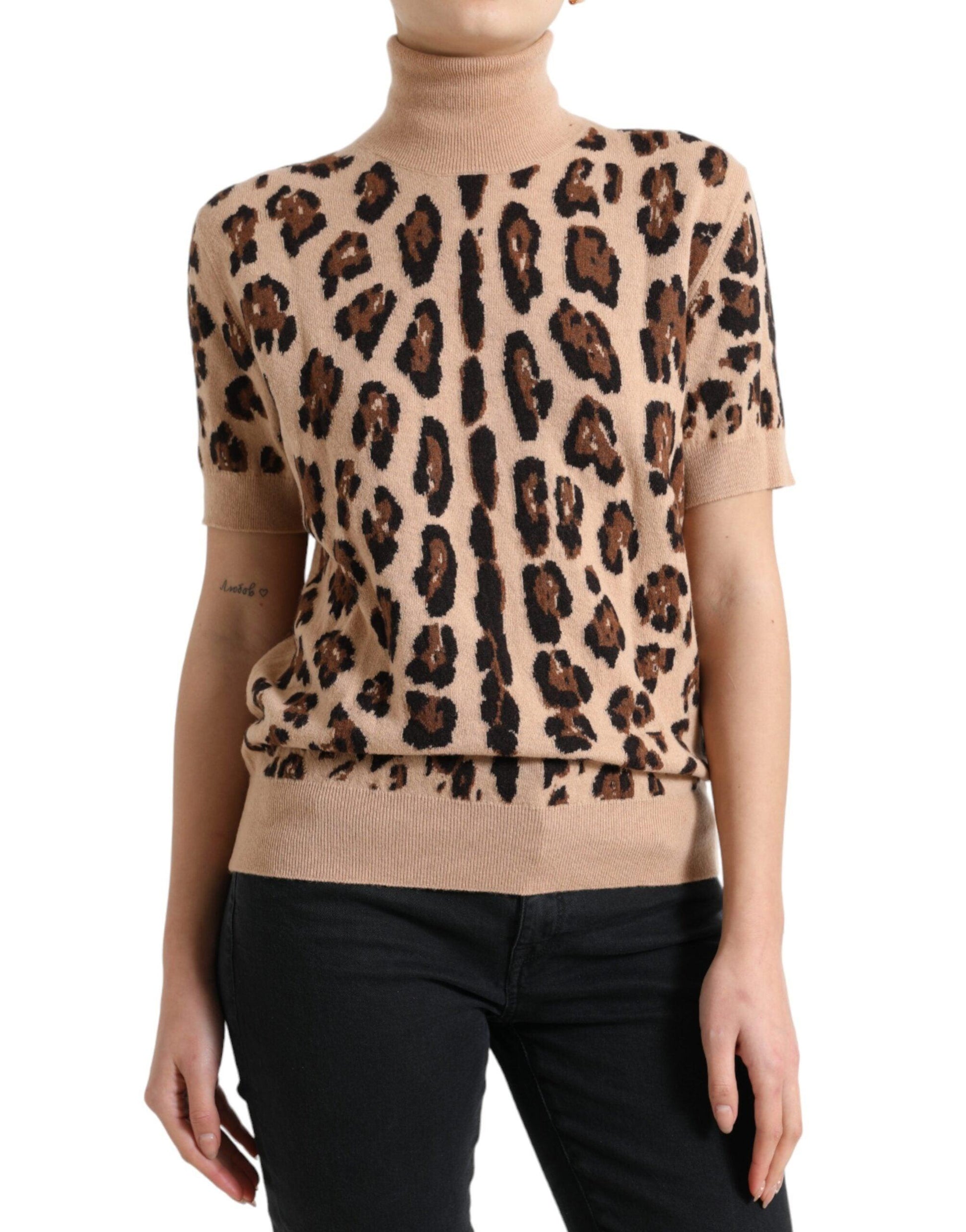 Dolce & Gabbana Elegant Beige Leopard Turtleneck Wool Top - Arichezz.store