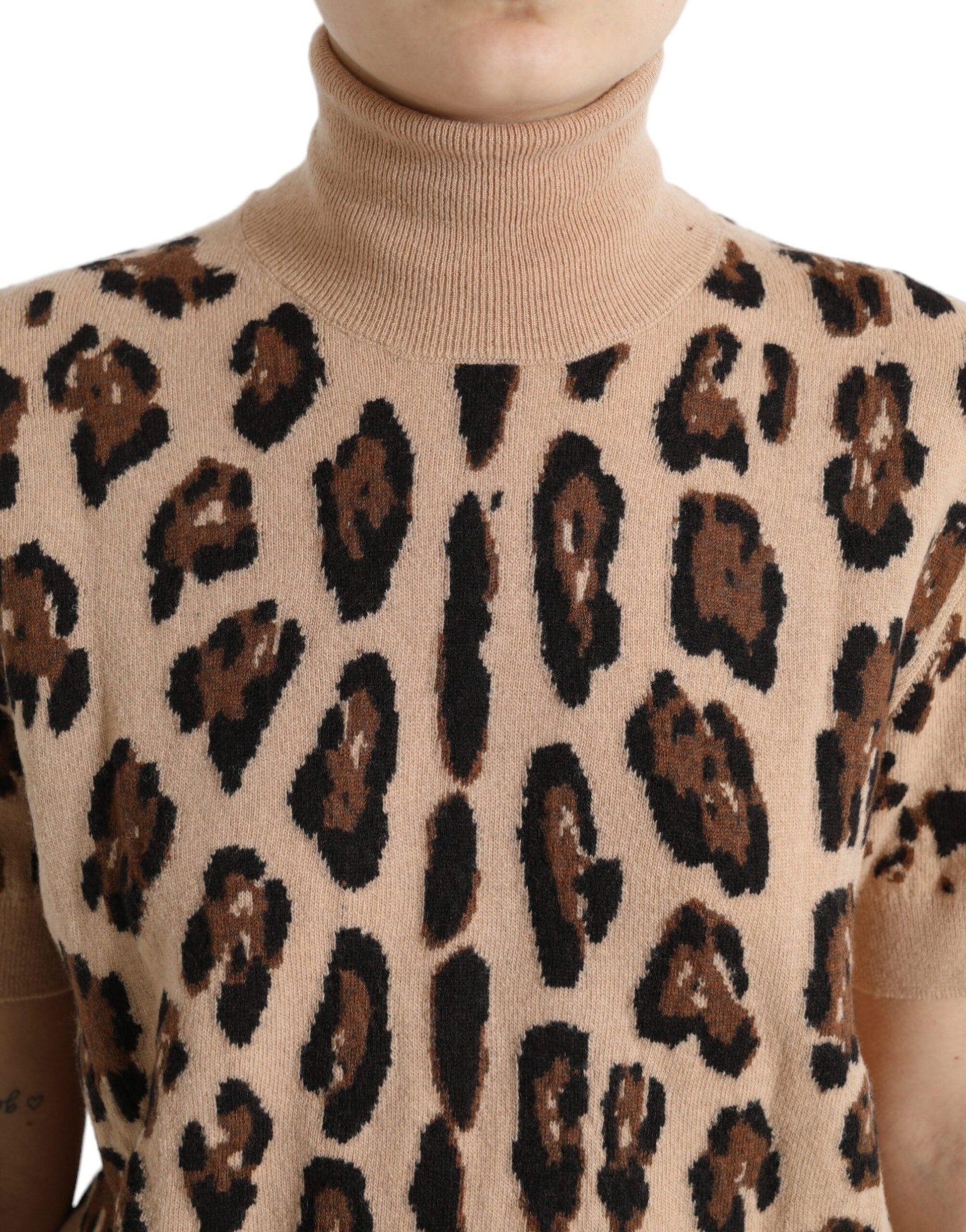 Dolce & Gabbana Elegant Beige Leopard Turtleneck Wool Top - Arichezz.store