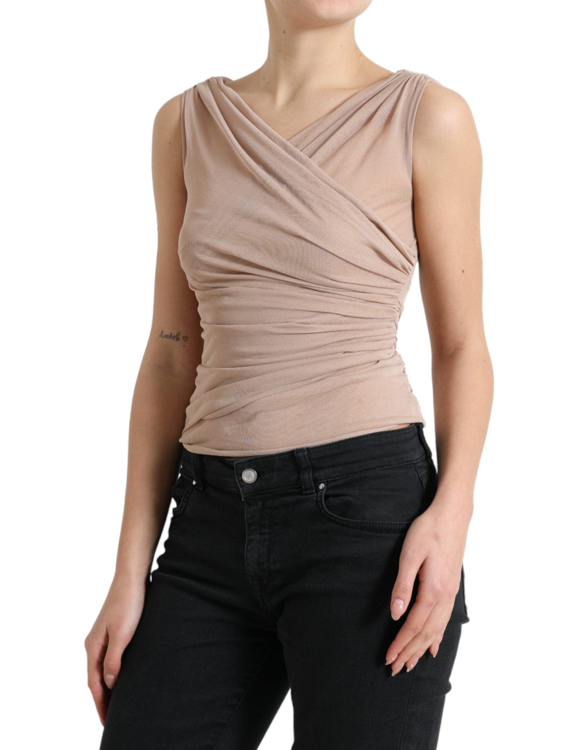 Dolce & Gabbana Elegant Beige V-Neck Sleeveless Sheer Tank Top - Arichezz.store