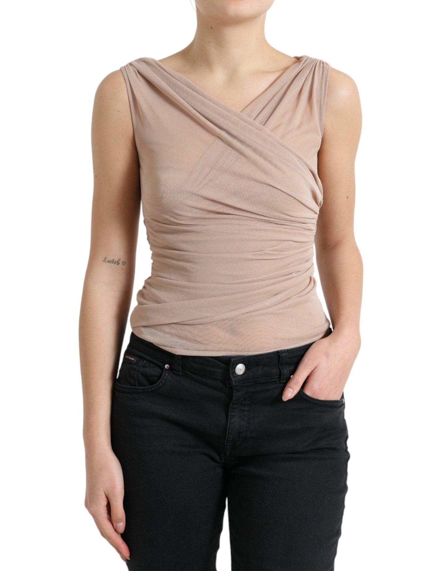 Dolce & Gabbana Elegant Beige V-Neck Sleeveless Sheer Tank Top - Arichezz.store