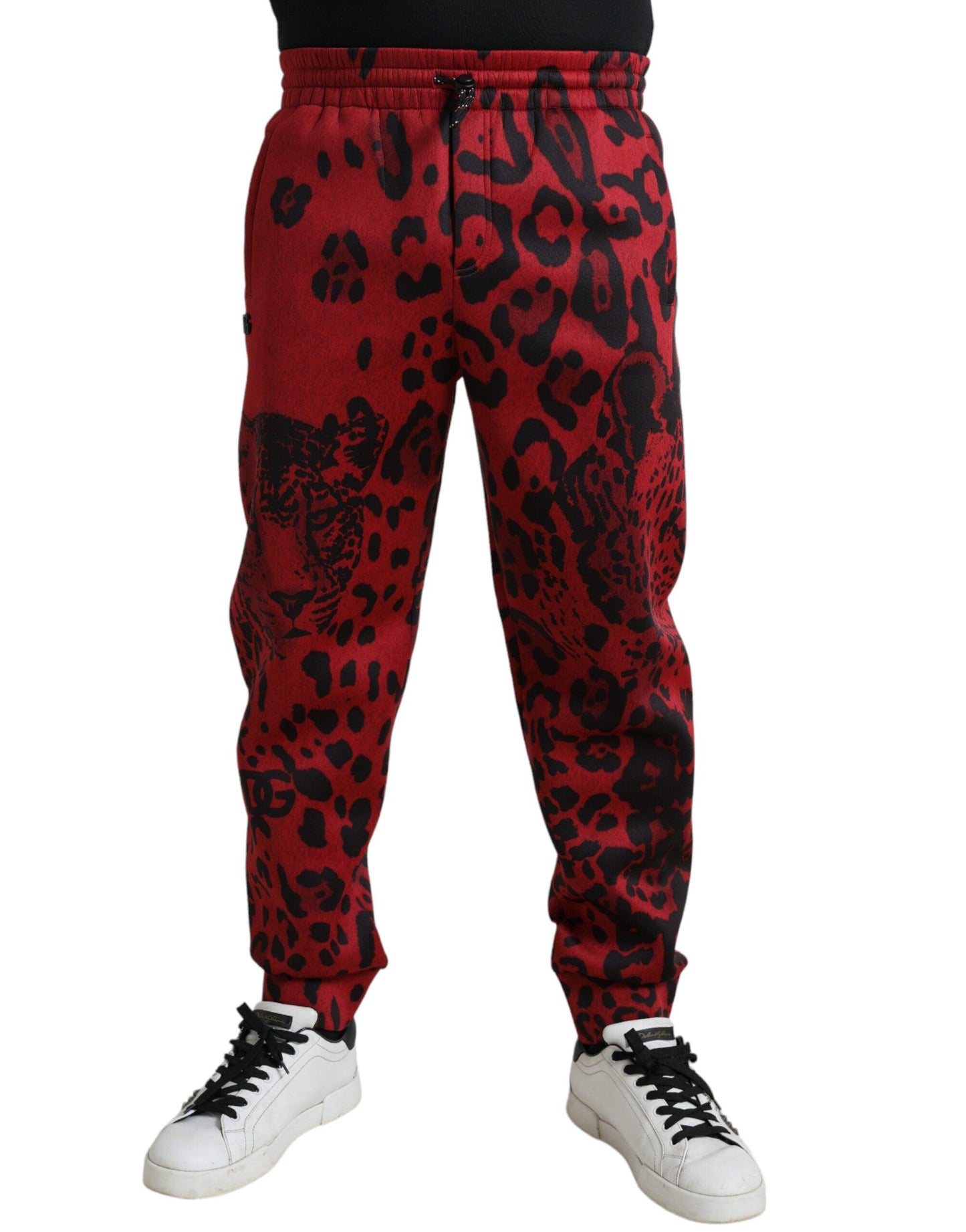 Dolce & Gabbana Elegant Leopard Print Joggers in Red and Black - Arichezz.store