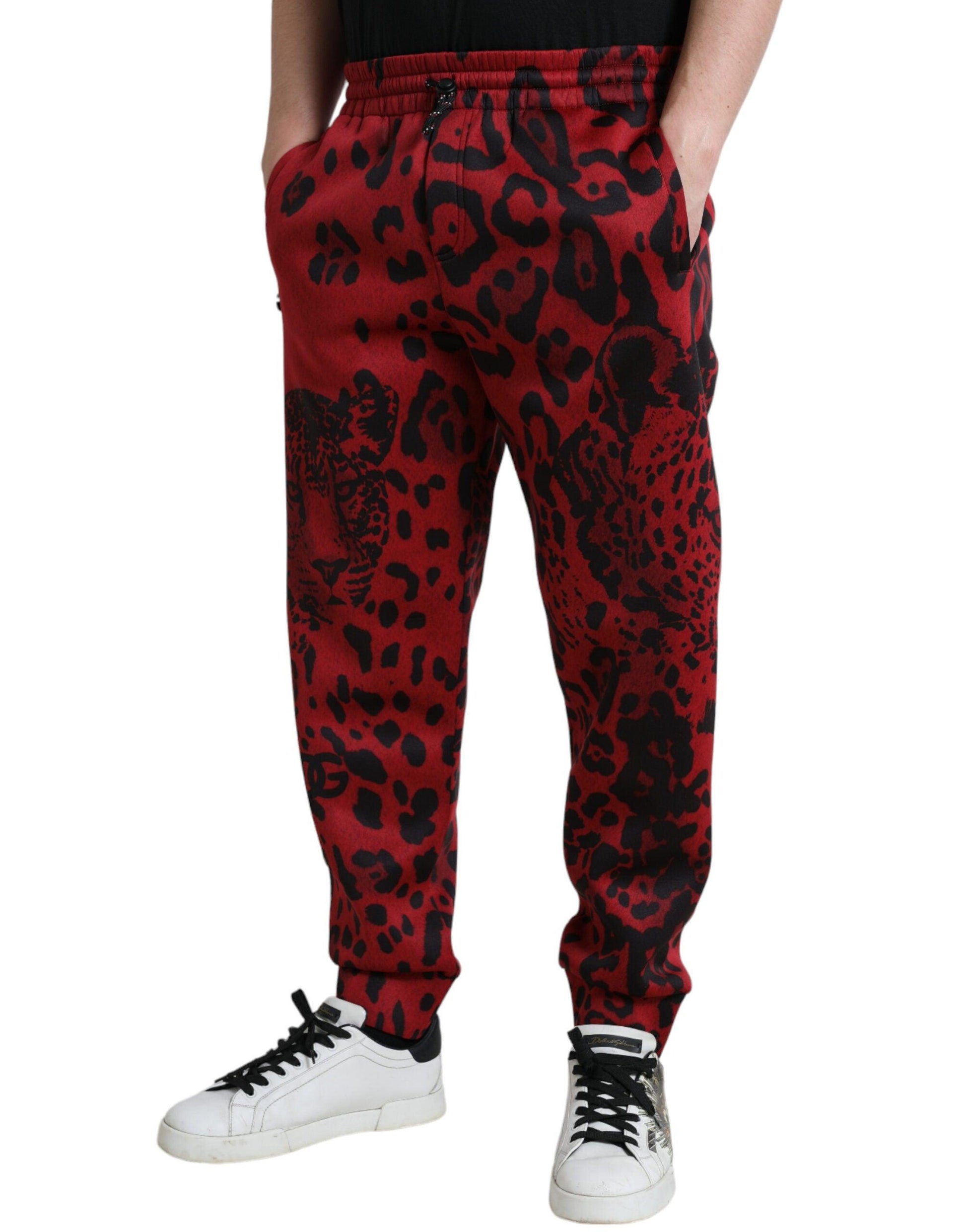 Dolce & Gabbana Elegant Leopard Print Joggers in Red and Black - Arichezz.store