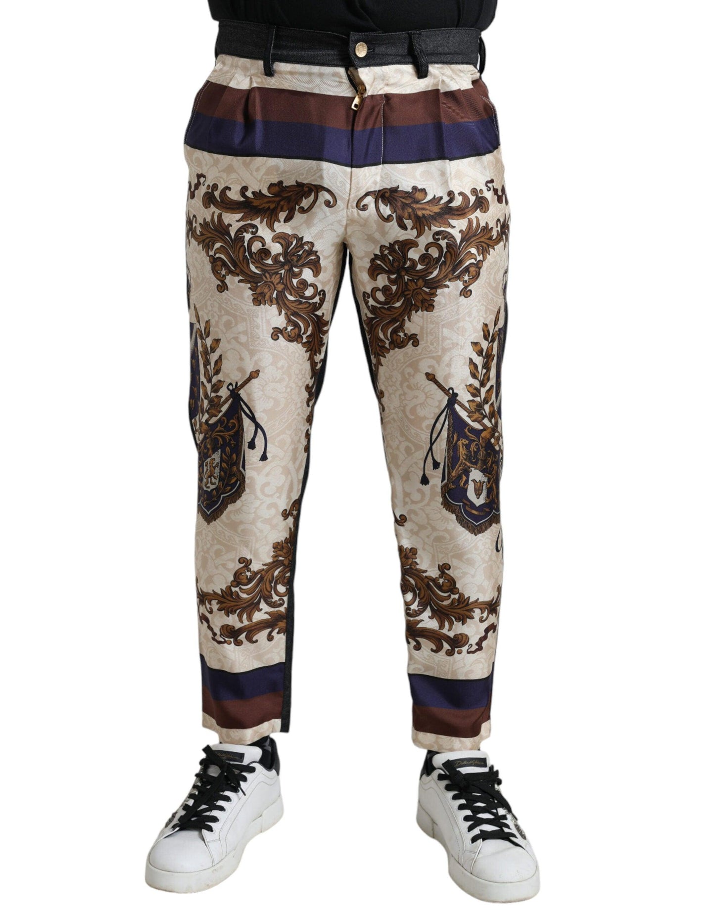 Dolce & Gabbana Elegant Silk Skinny Pants with Heraldic Print - Arichezz.store