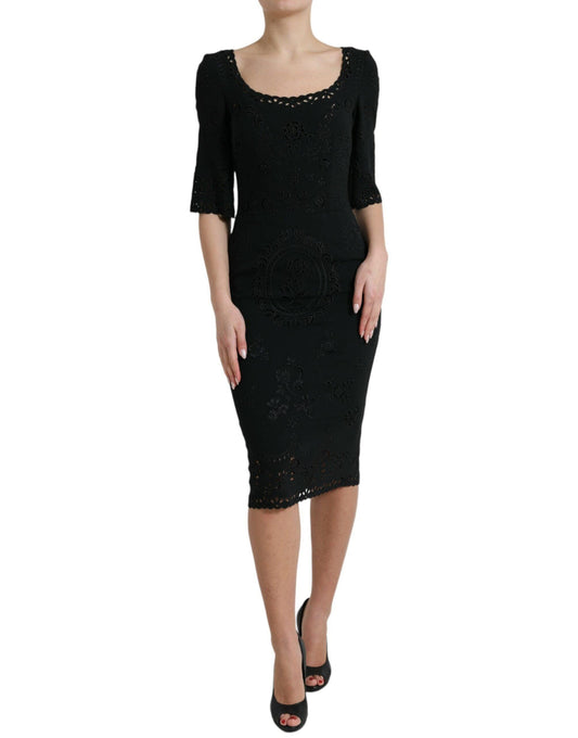 Dolce & Gabbana Black Floral Lace Bodycon Midi Dress - Arichezz.store