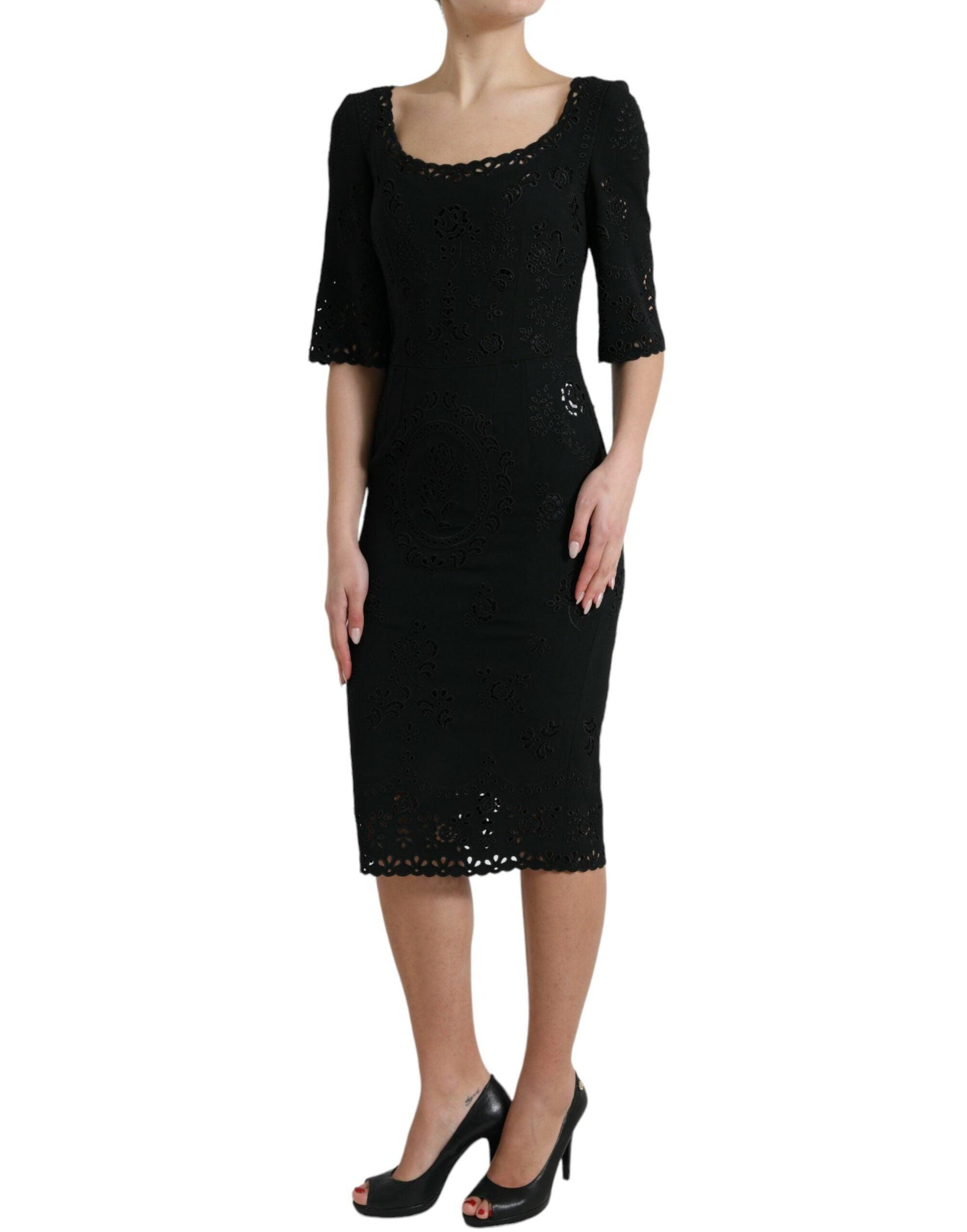 Dolce & Gabbana Black Floral Lace Bodycon Midi Dress - Arichezz.store