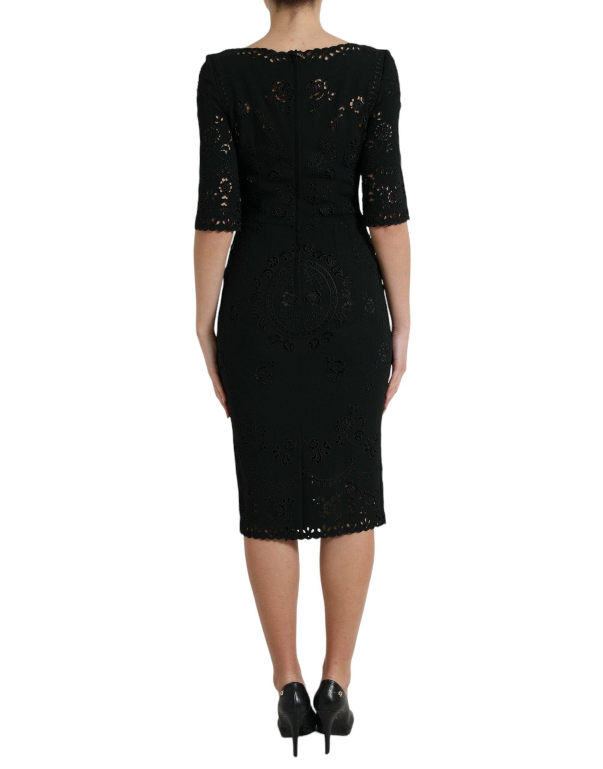 Dolce & Gabbana Black Floral Lace Bodycon Midi Dress - Arichezz.store