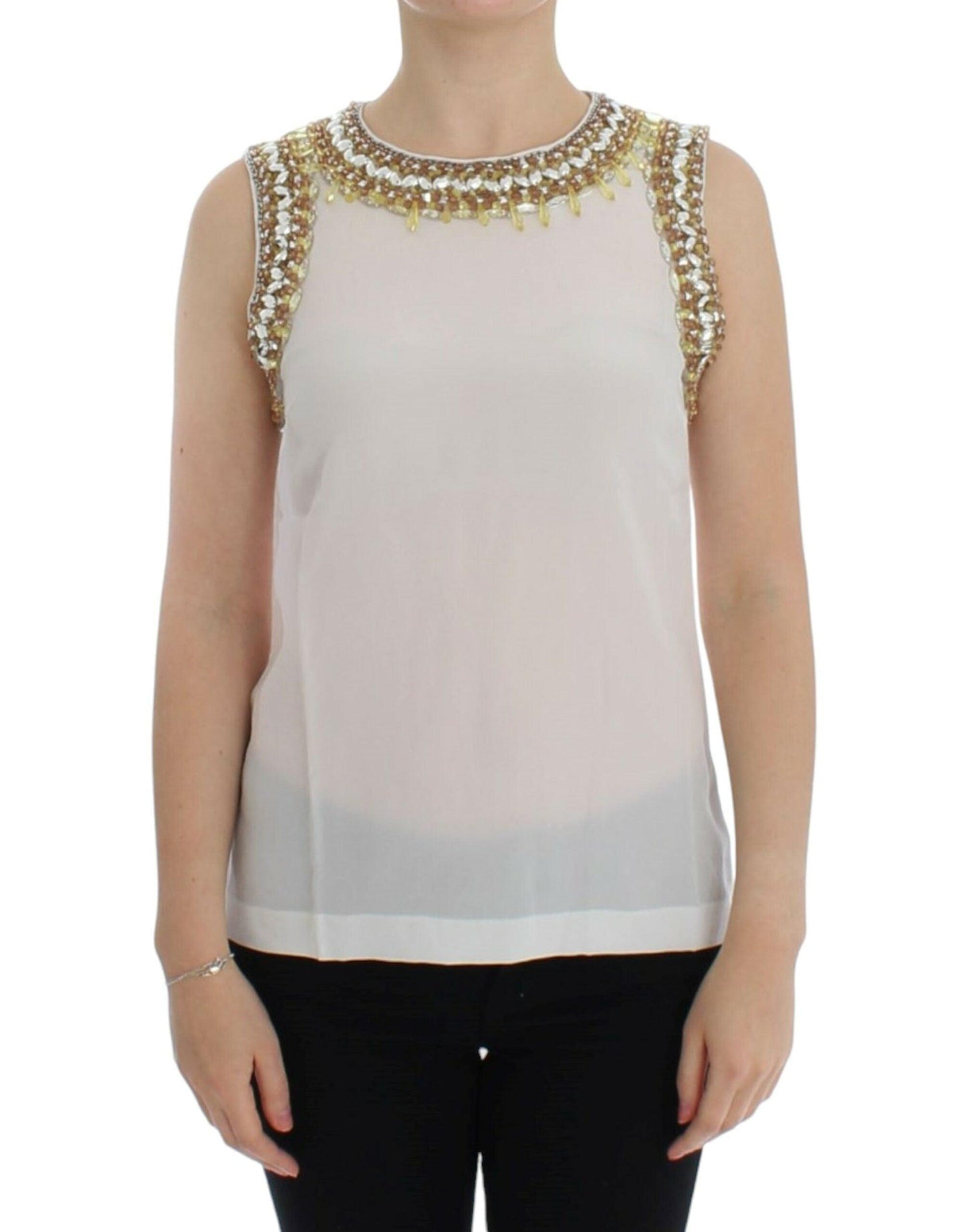 Dolce & Gabbana Elegant Sleeveless Silk Blouse with Crystal Embellishment - Arichezz.store