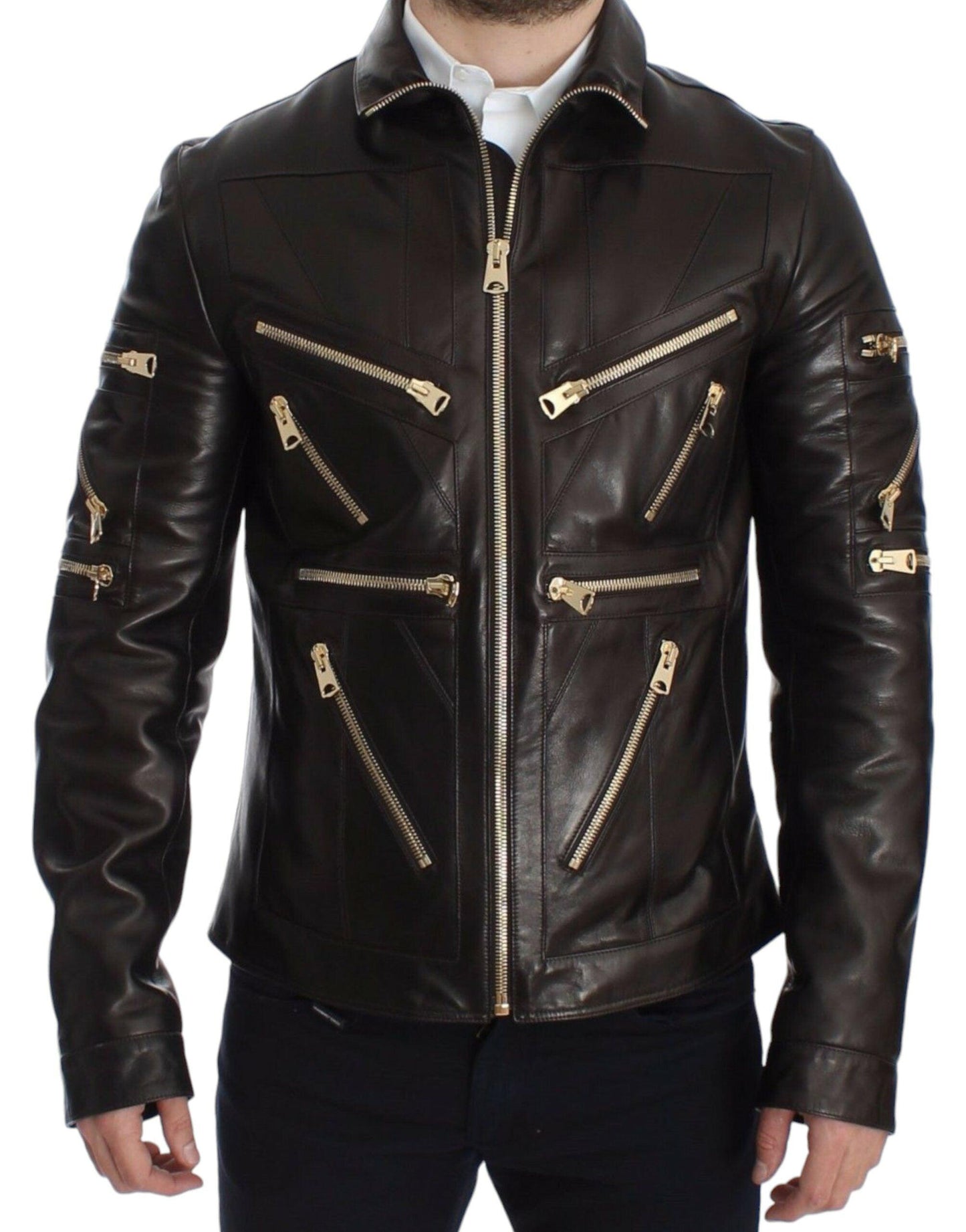 Dolce & Gabbana Elegant Brown Gold-Detailed Leather Jacket - Arichezz.store