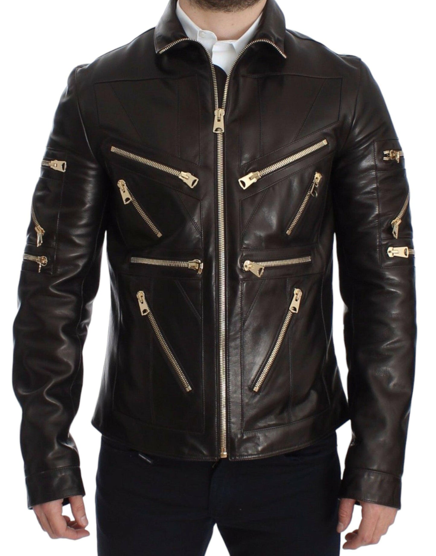 Dolce & Gabbana Elegant Brown Gold-Detailed Leather Jacket - Arichezz.store