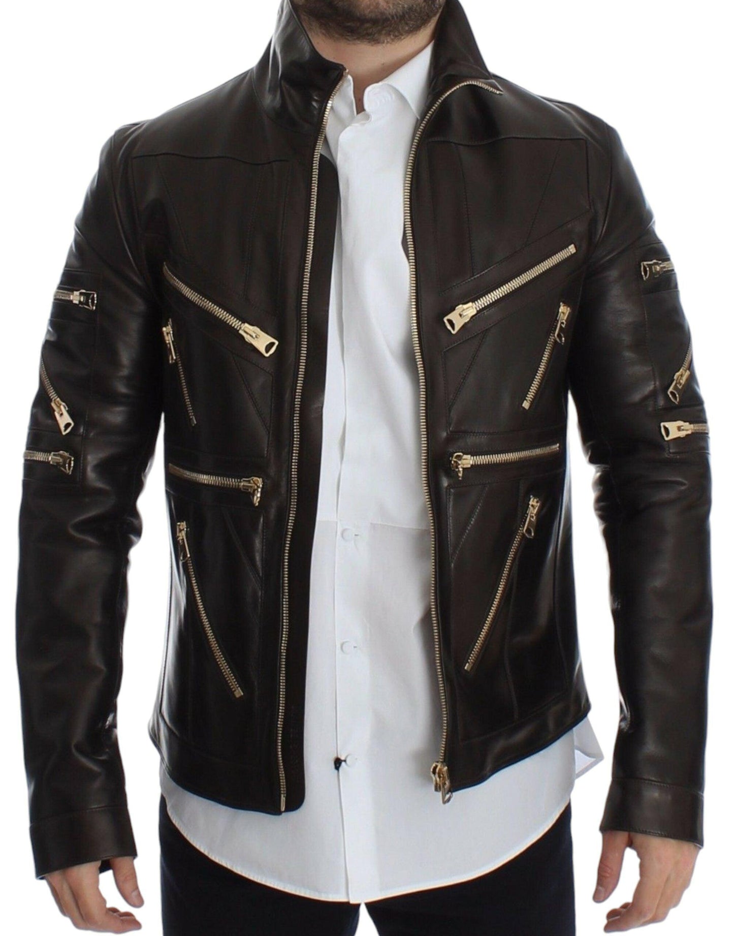 Dolce & Gabbana Elegant Brown Gold-Detailed Leather Jacket - Arichezz.store