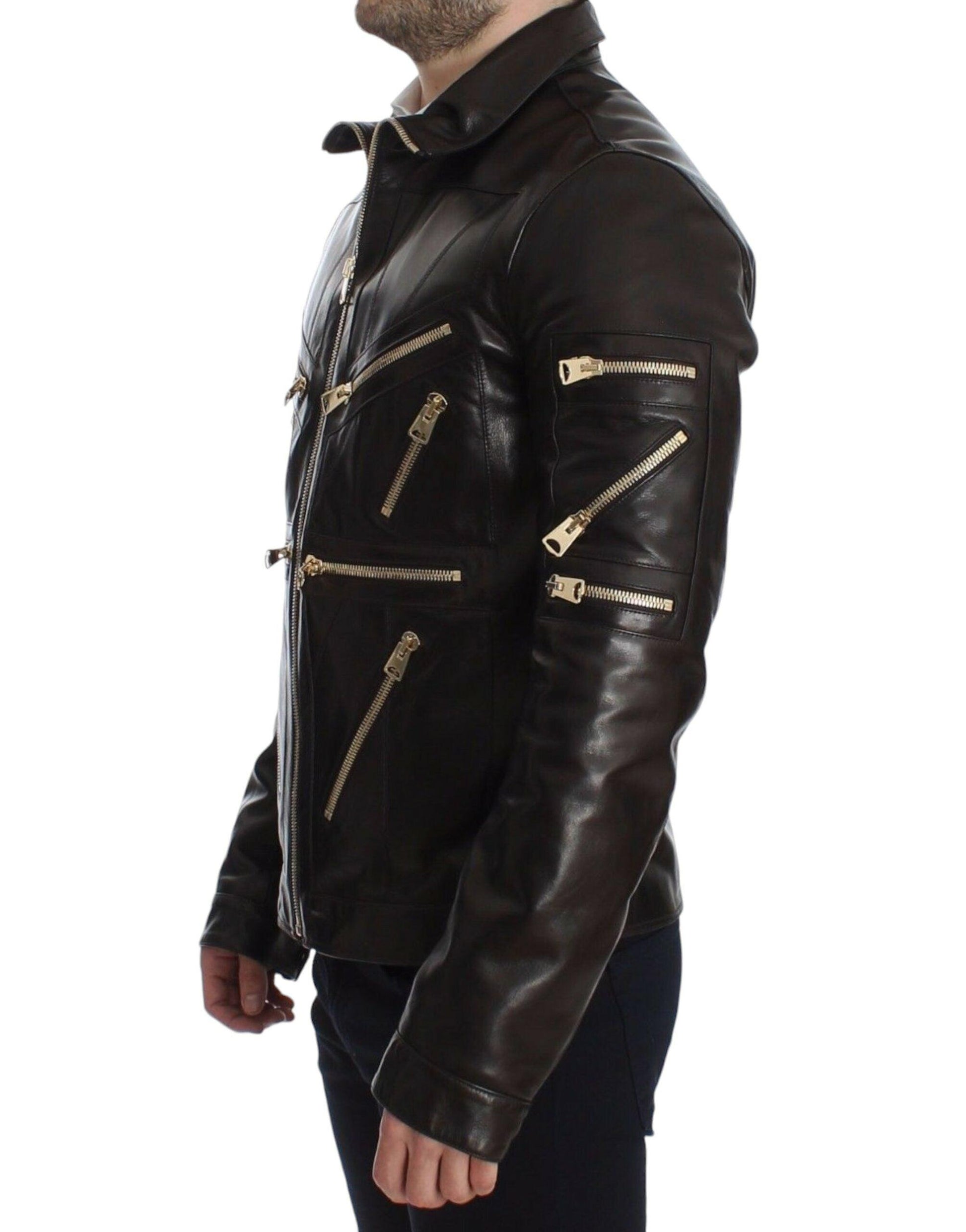 Dolce & Gabbana Elegant Brown Gold-Detailed Leather Jacket - Arichezz.store