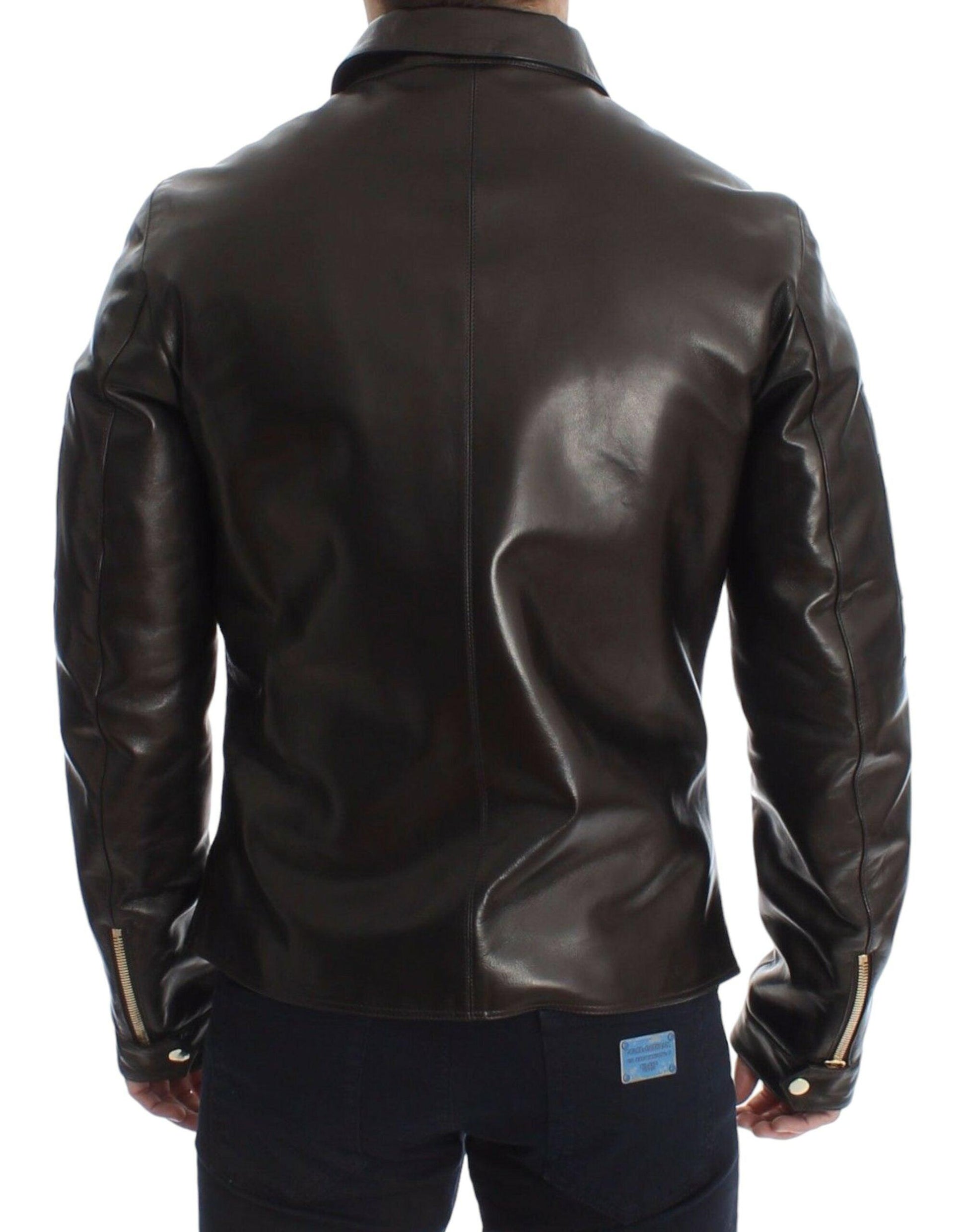 Dolce & Gabbana Elegant Brown Gold-Detailed Leather Jacket - Arichezz.store