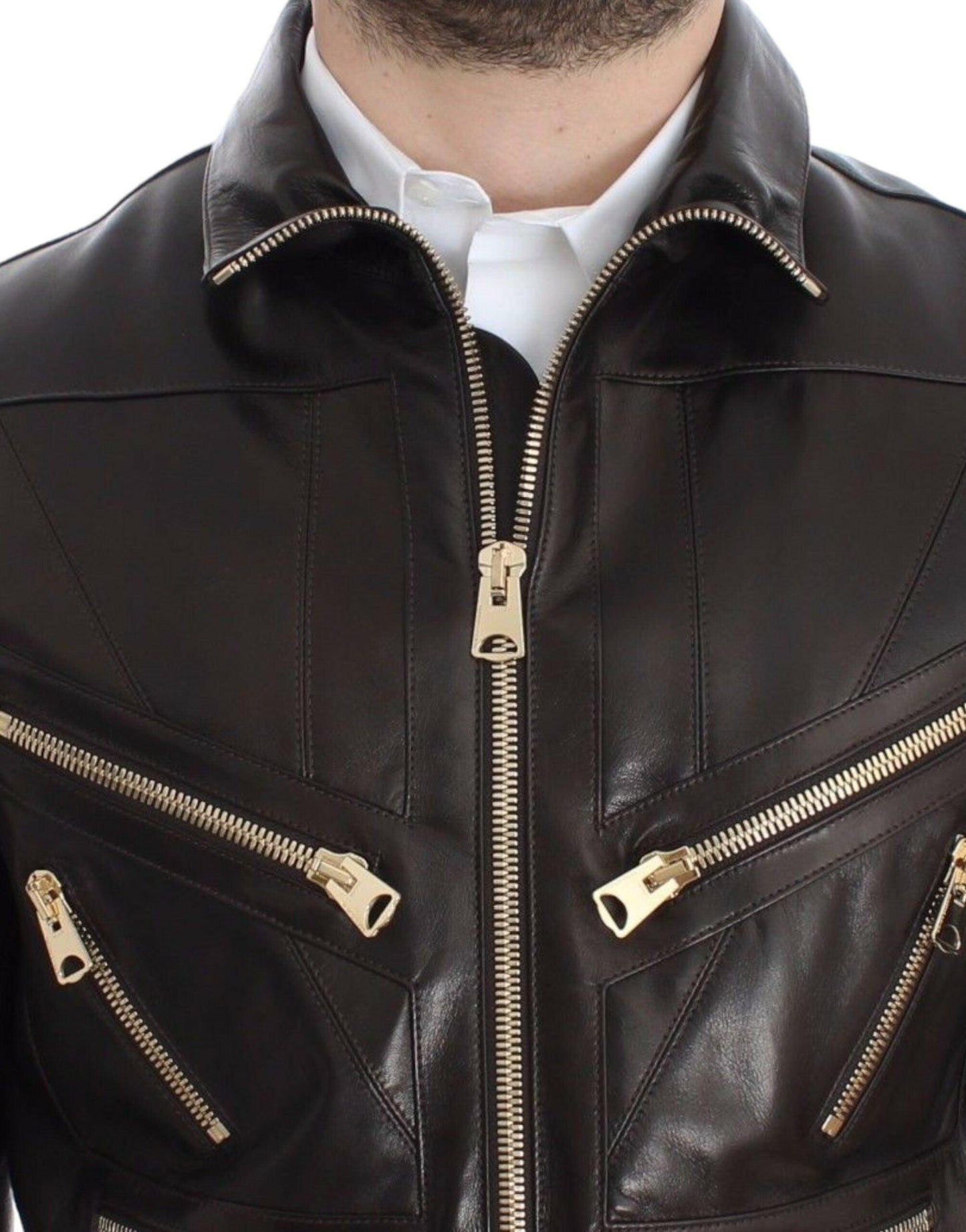 Dolce & Gabbana Elegant Brown Gold-Detailed Leather Jacket - Arichezz.store