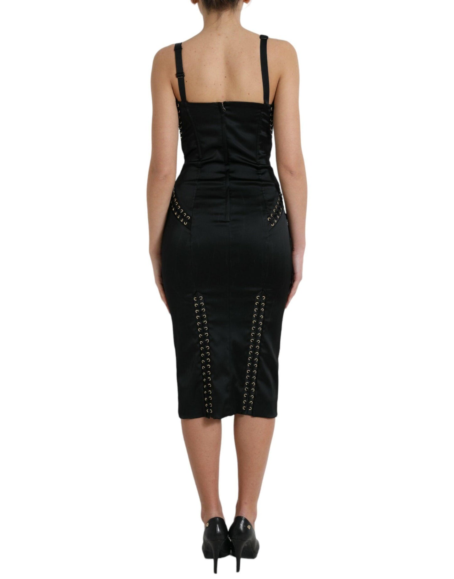 Dolce & Gabbana Elegant Black Lace-Up Midi Bodycon Dress - Arichezz.store