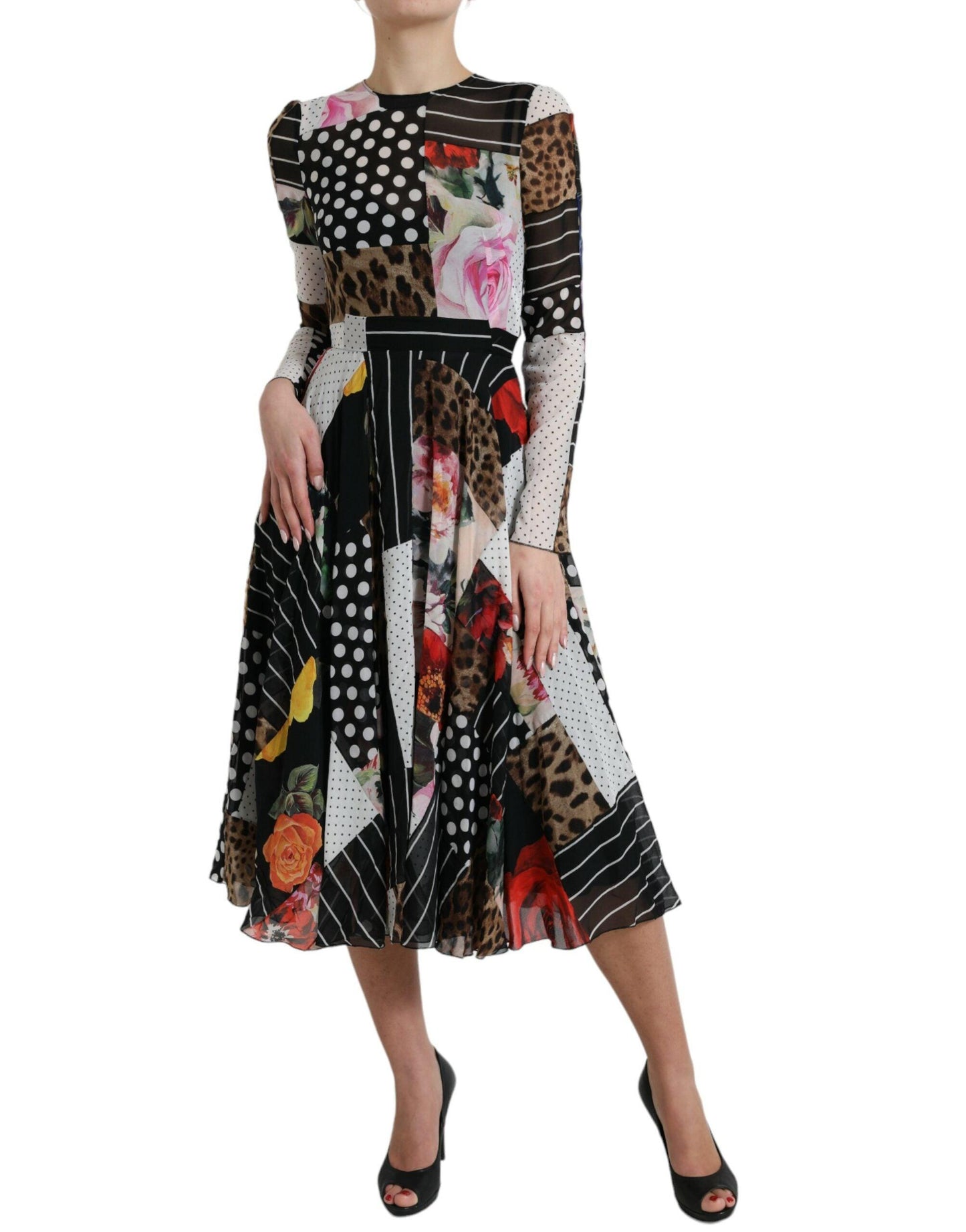 Dolce & Gabbana Elegant Patchwork Silk Midi A-Line Dress - Arichezz.store