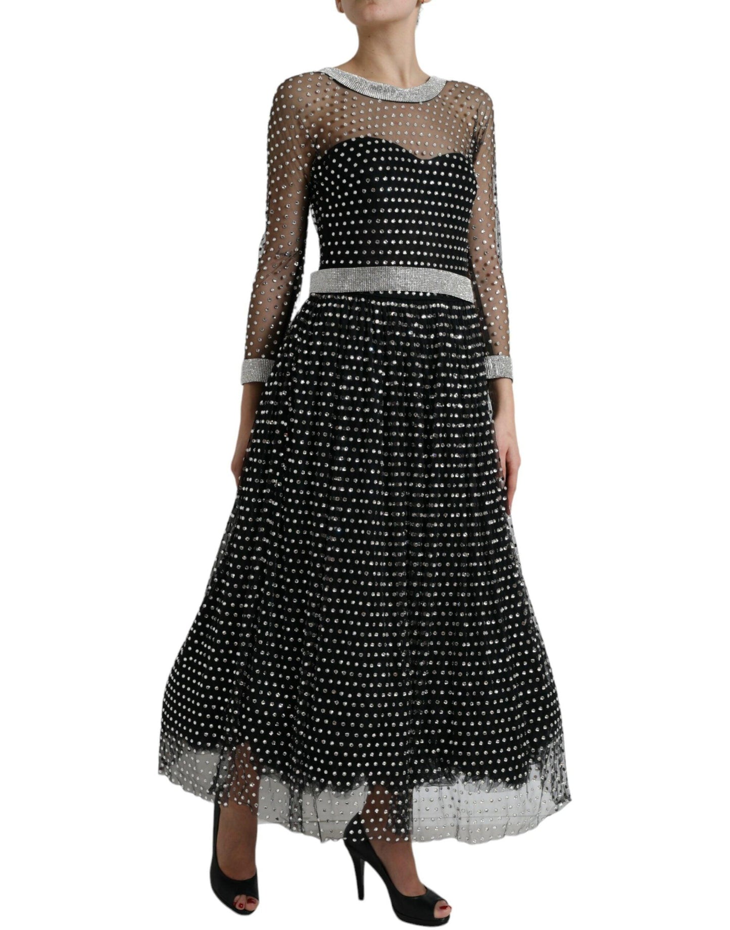 Dolce & Gabbana Elegant Crystal-Embellished Long Black Dress - Arichezz.store