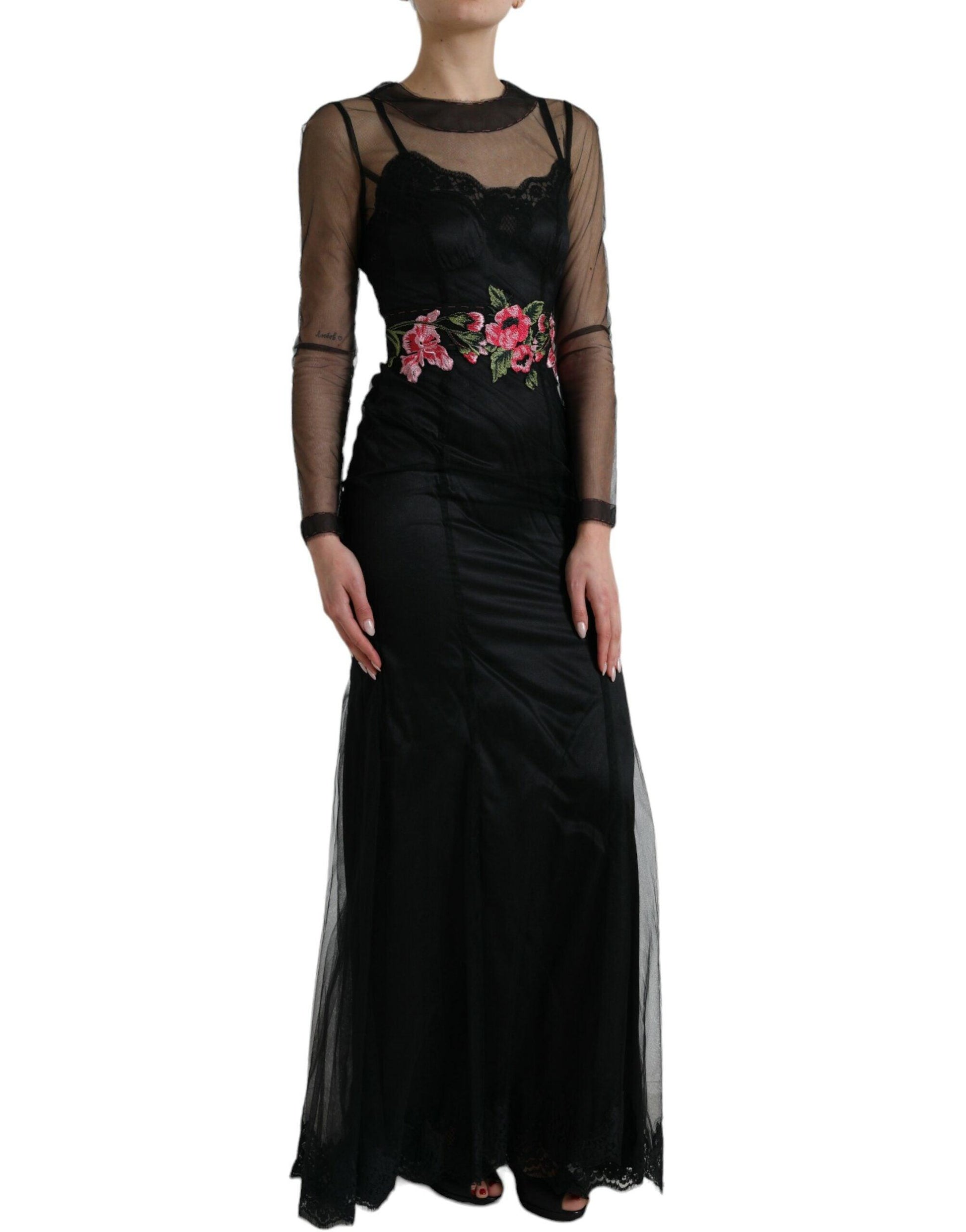 Dolce & Gabbana Floral Embroidery Tulle Long Evening Dress - Arichezz.store