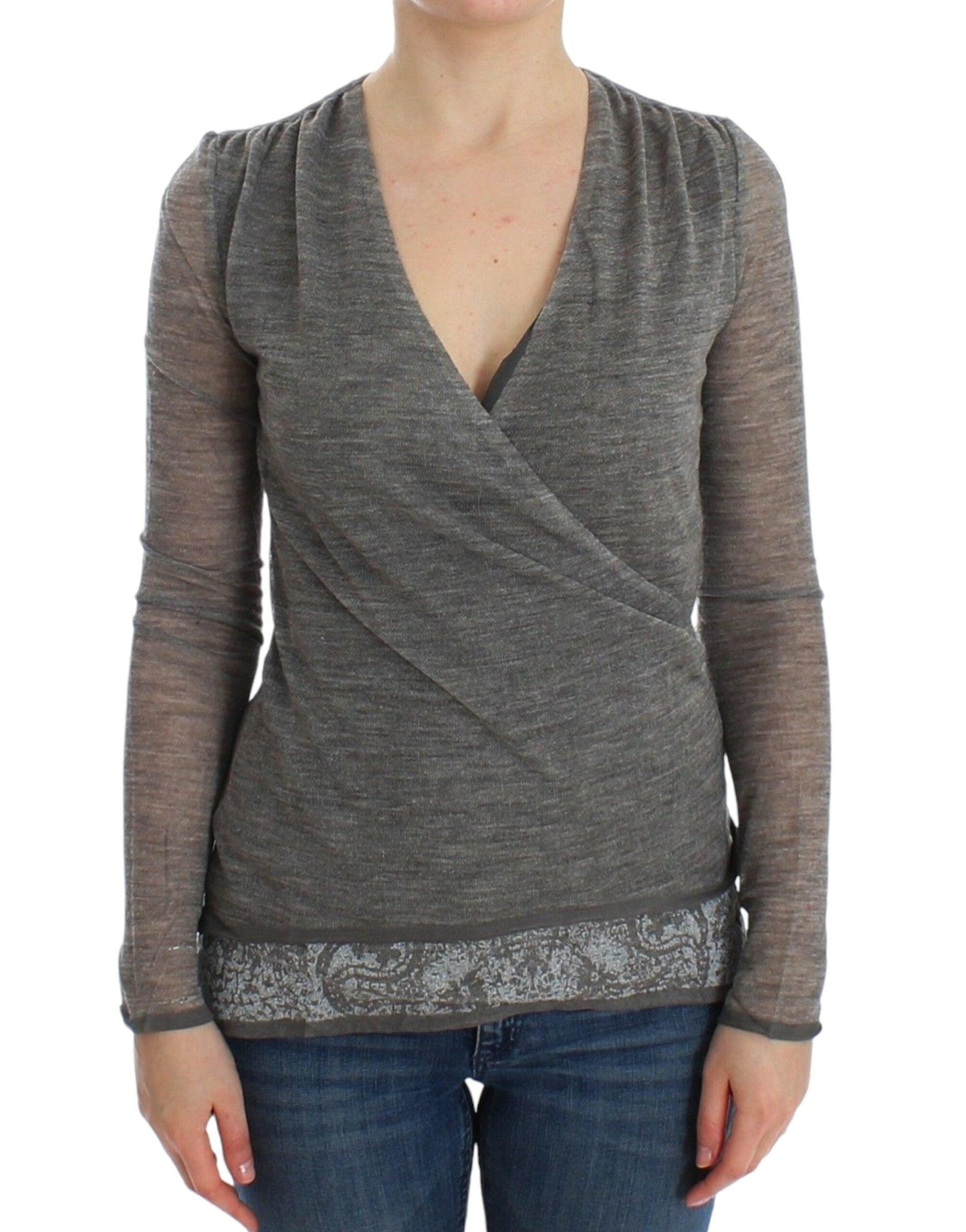 Ermanno Scervino Elegant Gray Wool Blend Deep V-neck Sweater - Arichezz.store