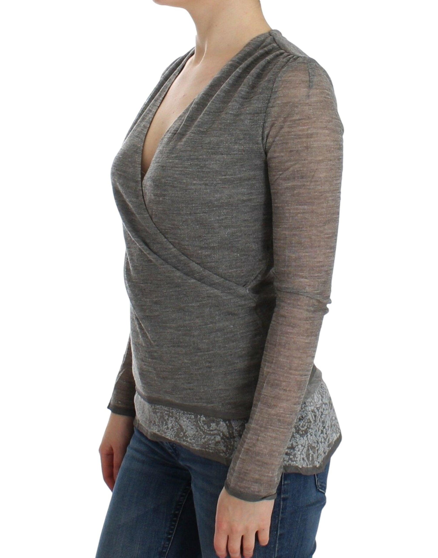 Ermanno Scervino Elegant Gray Wool Blend Deep V-neck Sweater - Arichezz.store