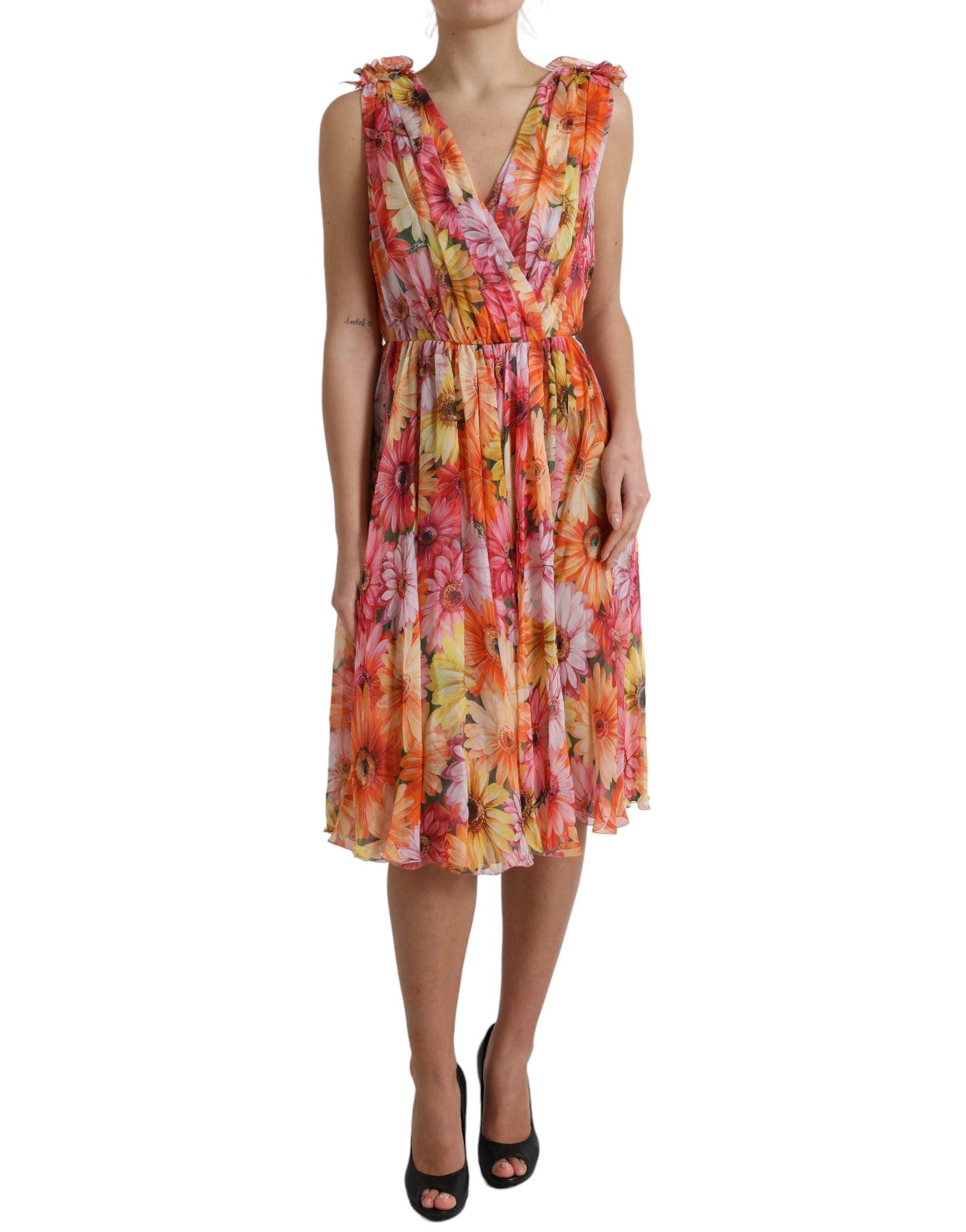 Dolce & Gabbana Elegant Floral Silk Midi Dress with V-Neck - Arichezz.store